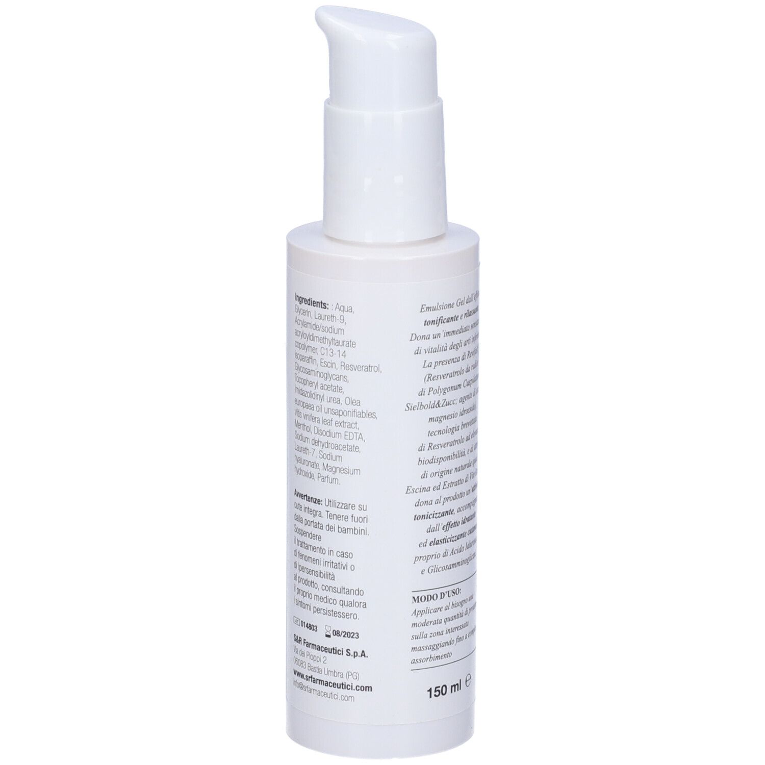 Retro del flacone bianco Reviven Emulgel. Testo con ingredienti e istruzioni per l'uso.