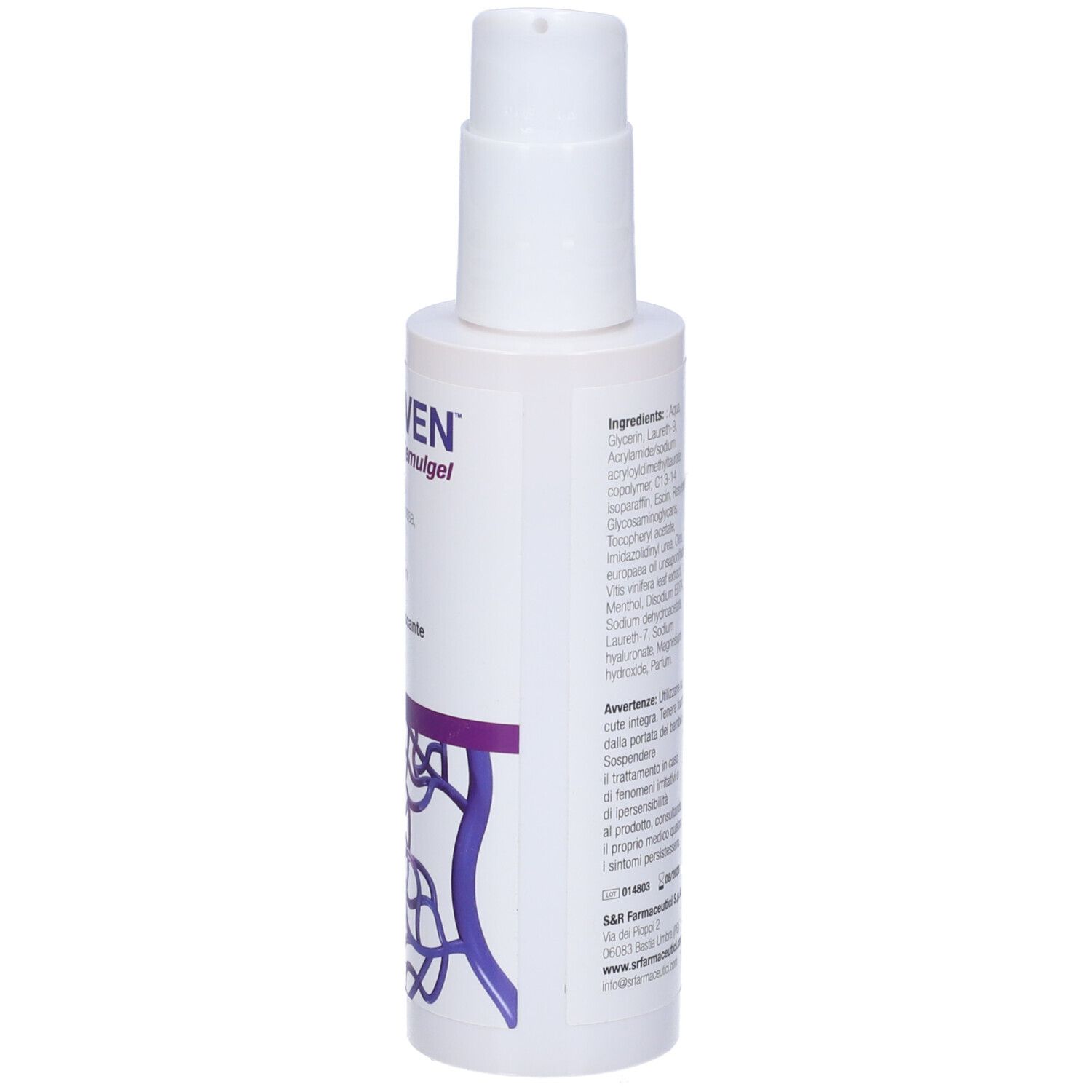Flacone bianco Reviven Emulgel con dosatore a pompa. Nome del prodotto e ingredienti visibili.