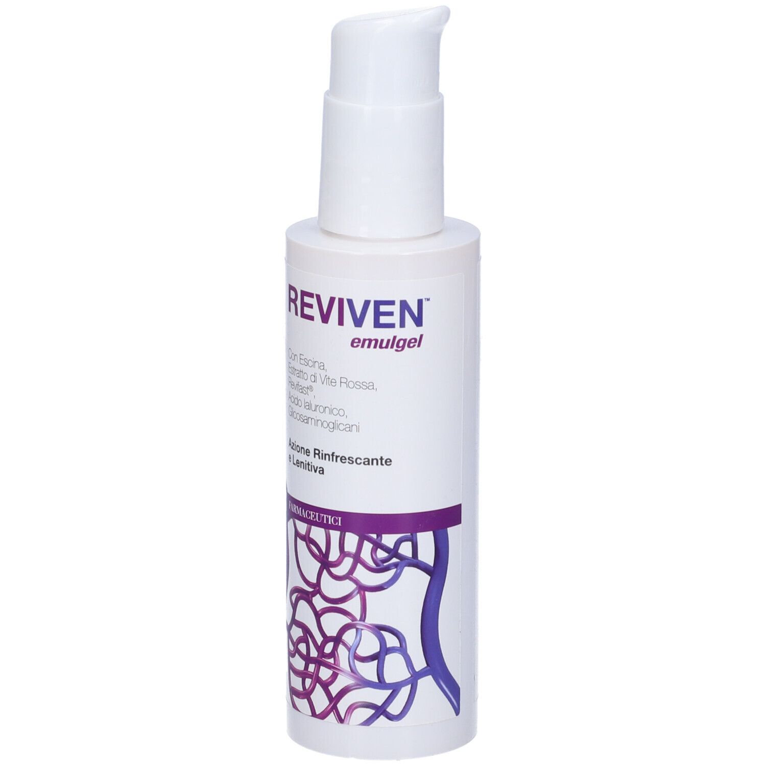 Flacone bianco Reviven Emulgel con dosatore a pompa. Nome del prodotto e ingredienti visibili.