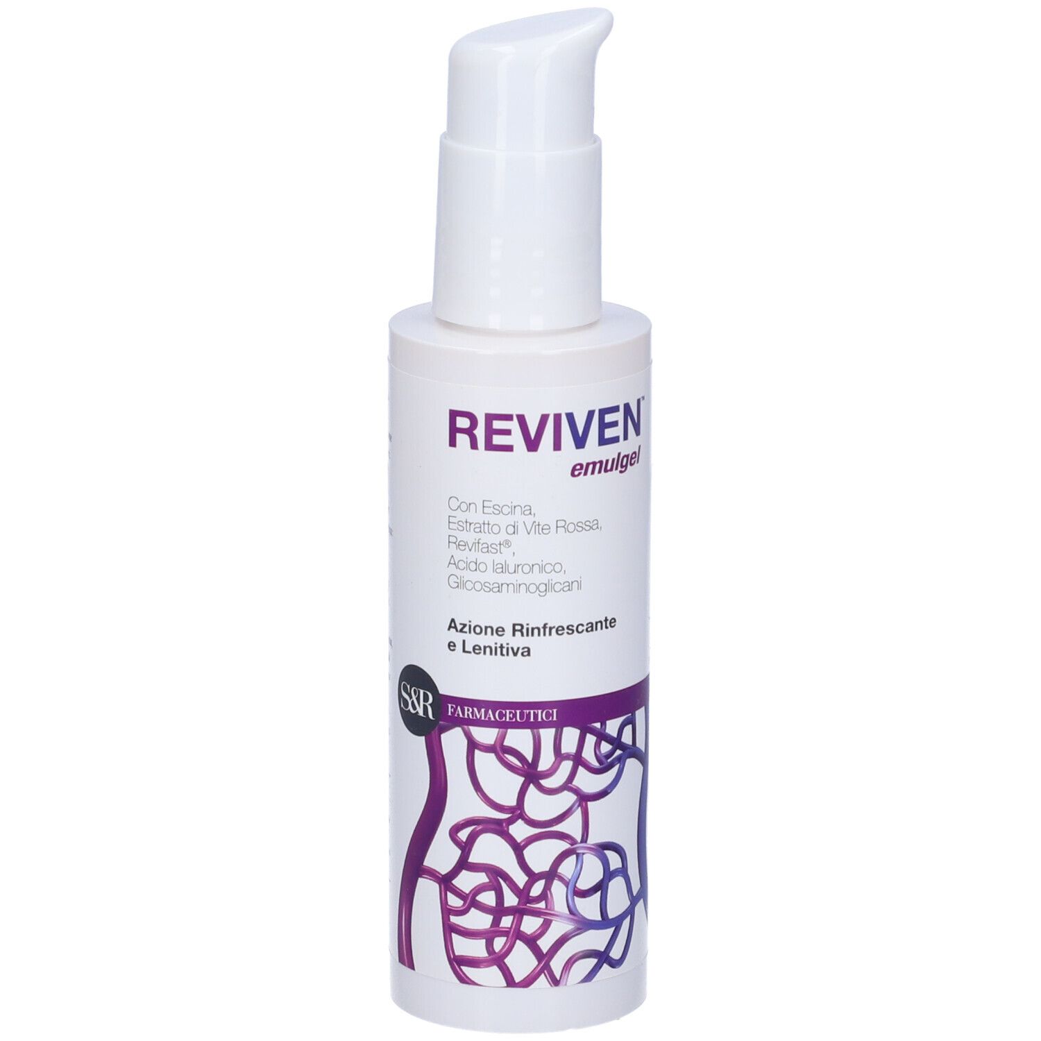 Flacone bianco Reviven Emulgel con dosatore a pompa. Nome del prodotto e ingredienti visibili.