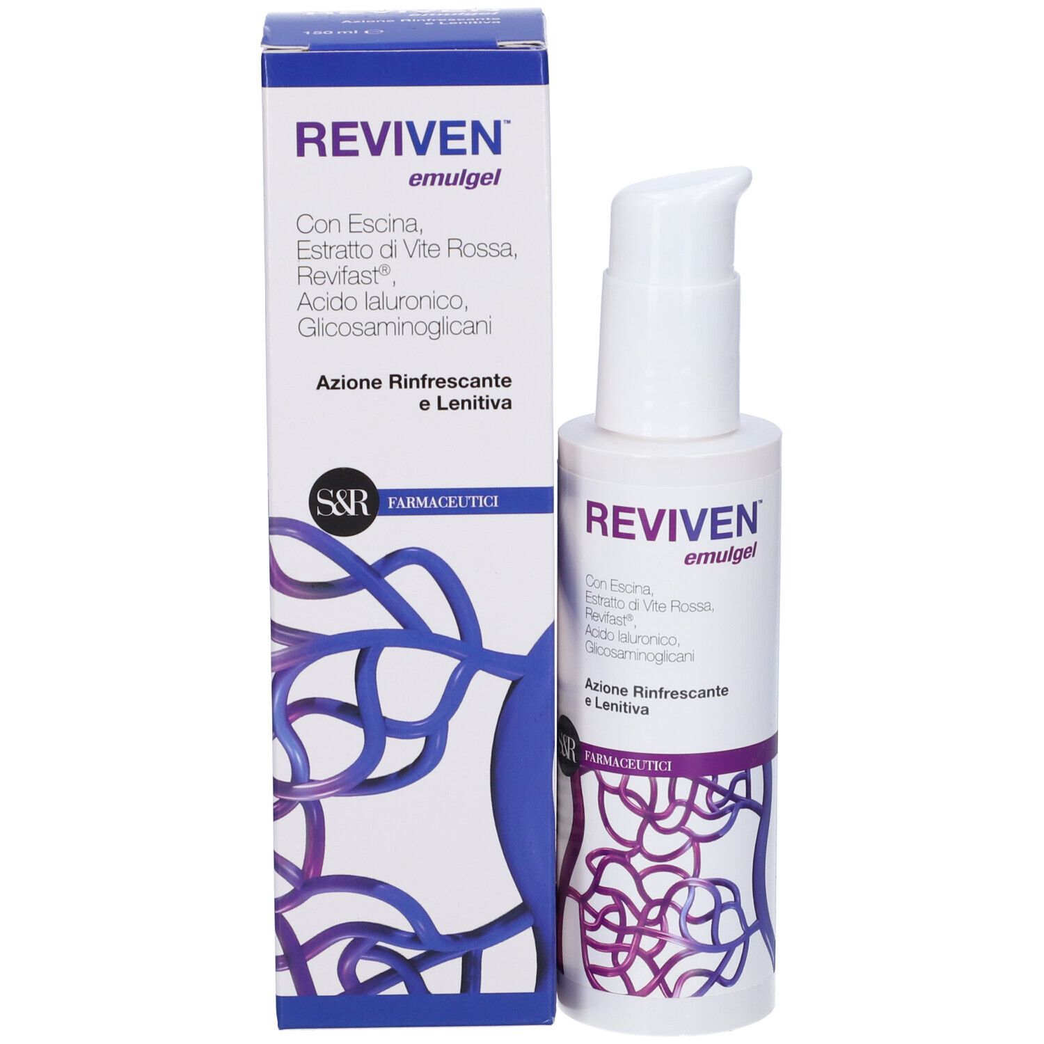 Prodotto Reviven Emulgel e confezione. Flacone bianco con dosatore a pompa e scatola blu.