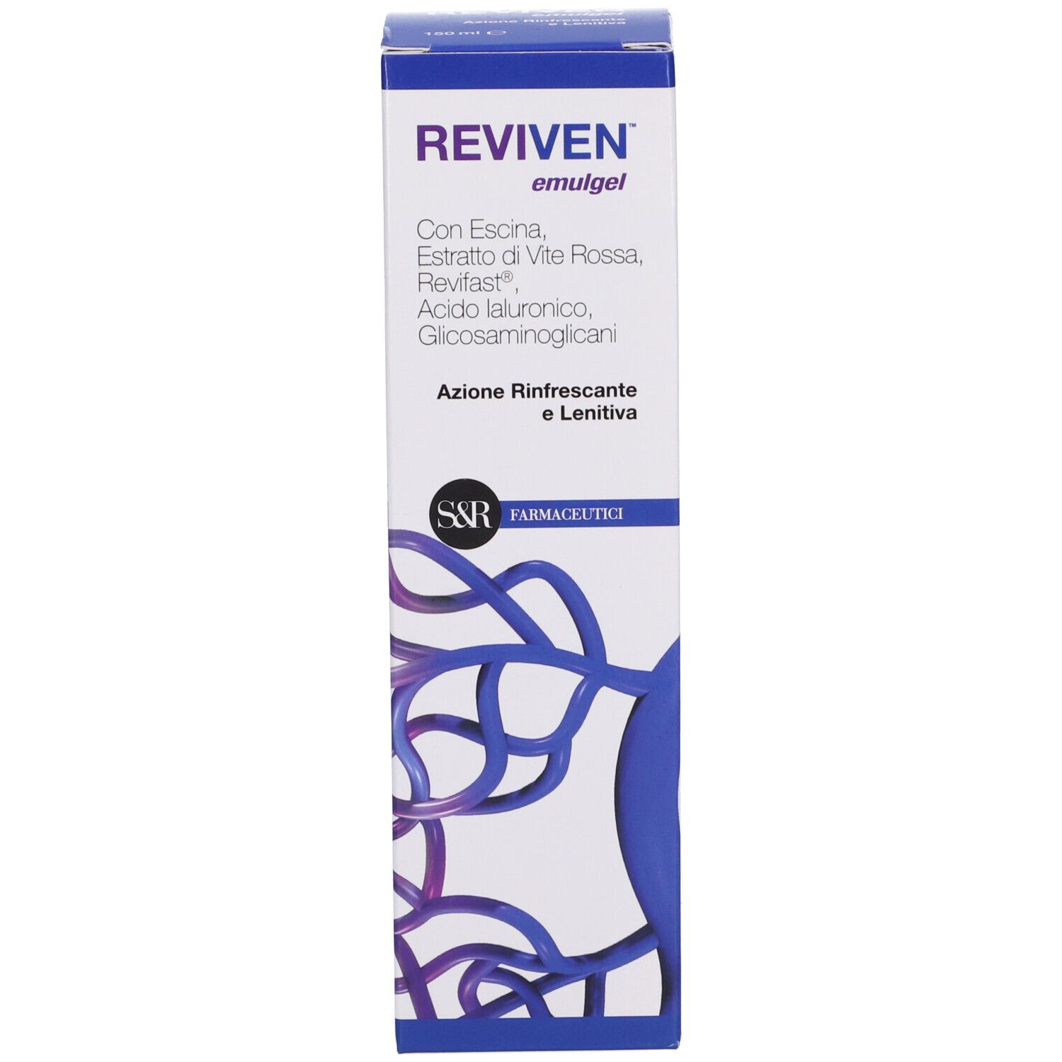 Confezione del prodotto Reviven Emulgel. Scatola blu e bianca con nome del prodotto e ingredienti.