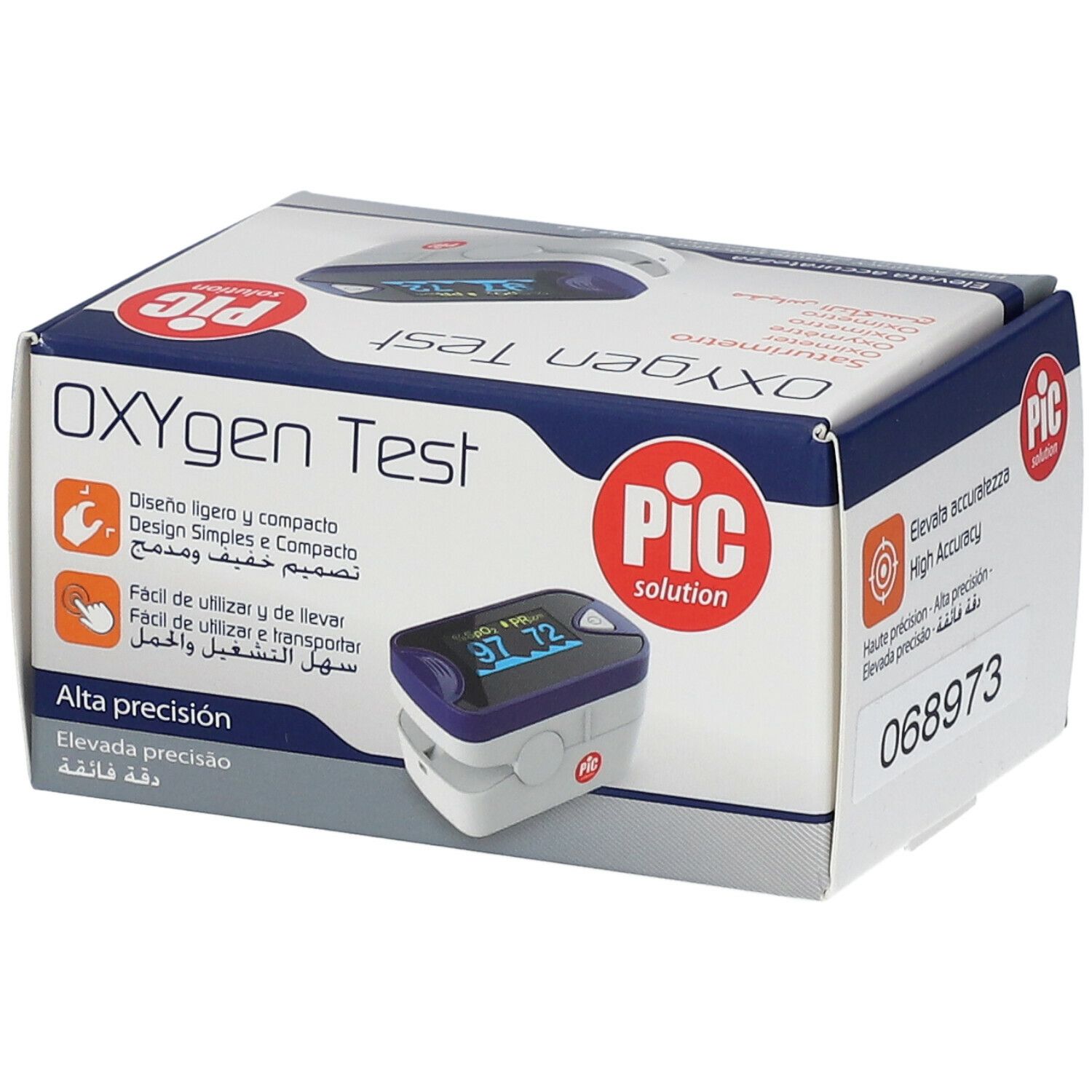 Confezione del Pic OXYgen Test Saturimetro Digitale. Sulla confezione si legge "OXYGEN Test" e "PIC solution". Il dispositivo è visibile.