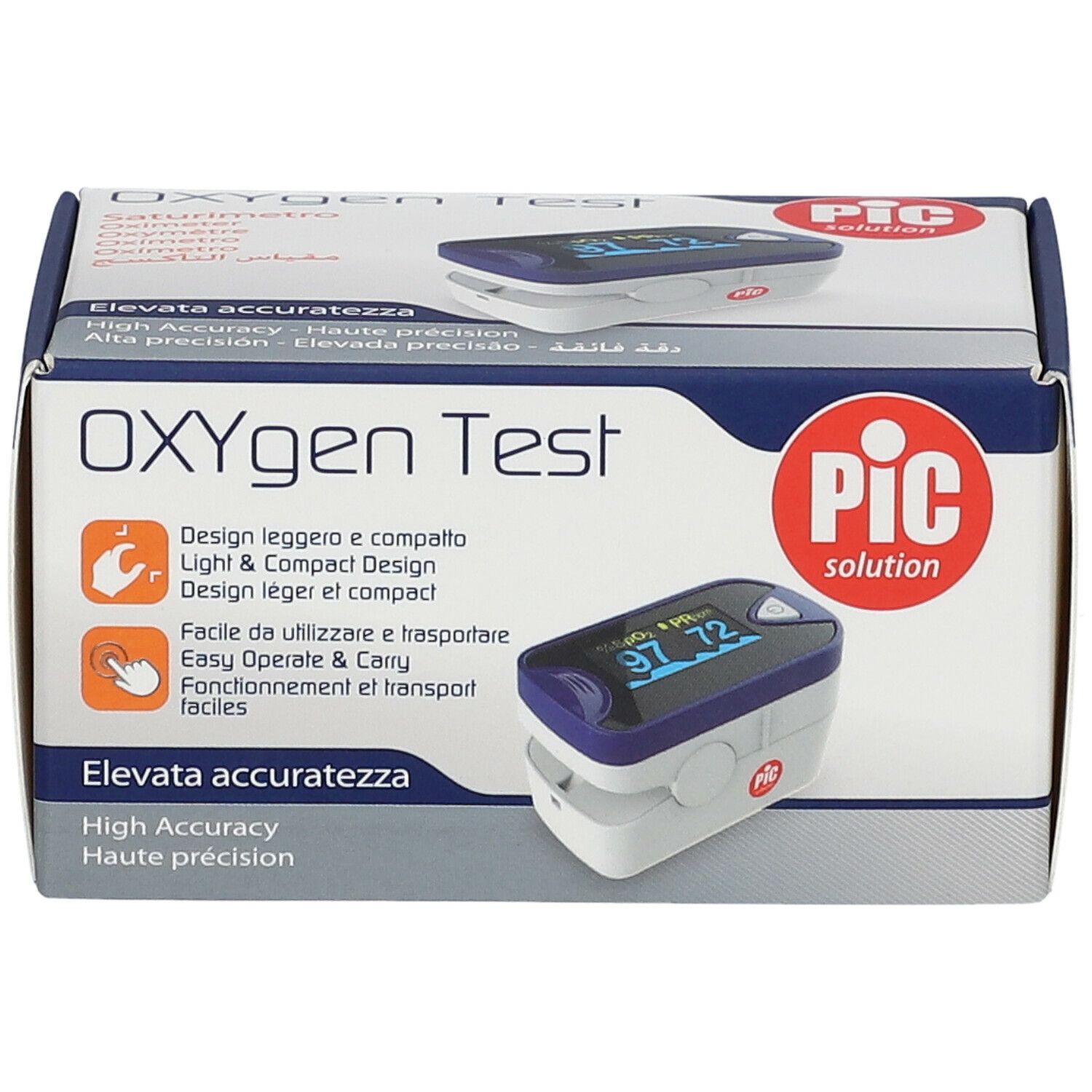 Confezione del Pic OXYgen Test Saturimetro Digitale. Sulla confezione si legge "OXYGEN Test" e "PIC solution". Il dispositivo è visibile.