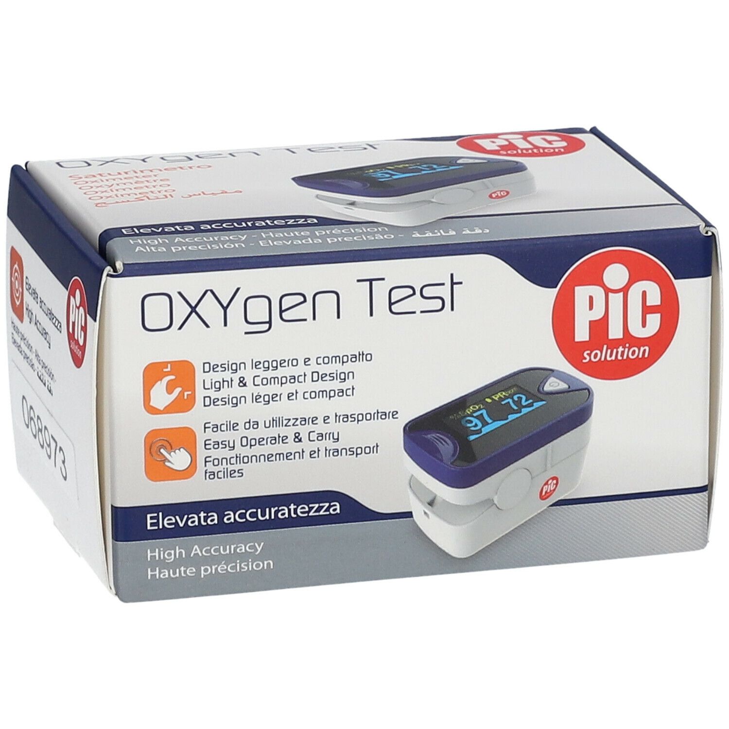 Confezione del Pic OXYgen Test Saturimetro Digitale. Sulla confezione si legge "OXYGEN Test" e "PIC solution". Il numero di serie è 068973.