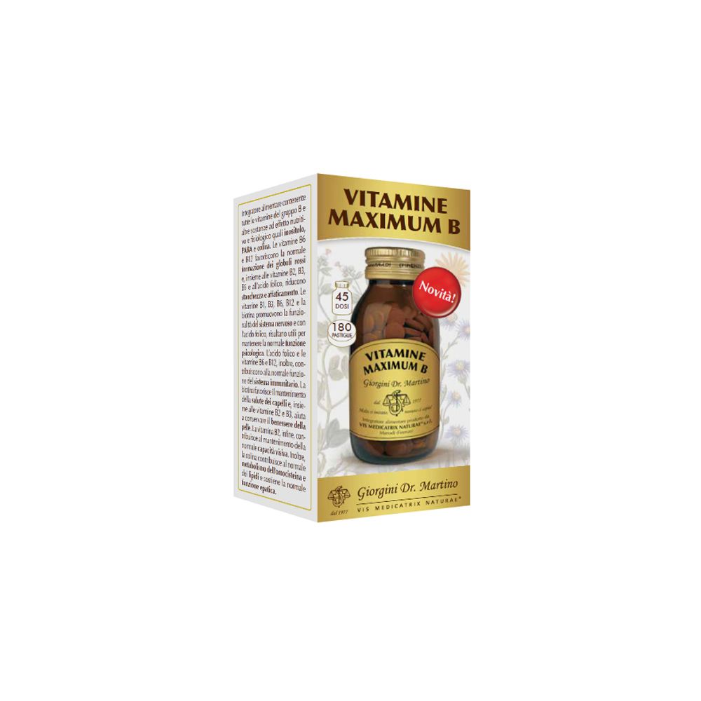 Vitamine Maximum B in scatola. Flacone in vetro marrone con compresse. Scritta: Vitamine Maximum B, 180 Pastiglie.