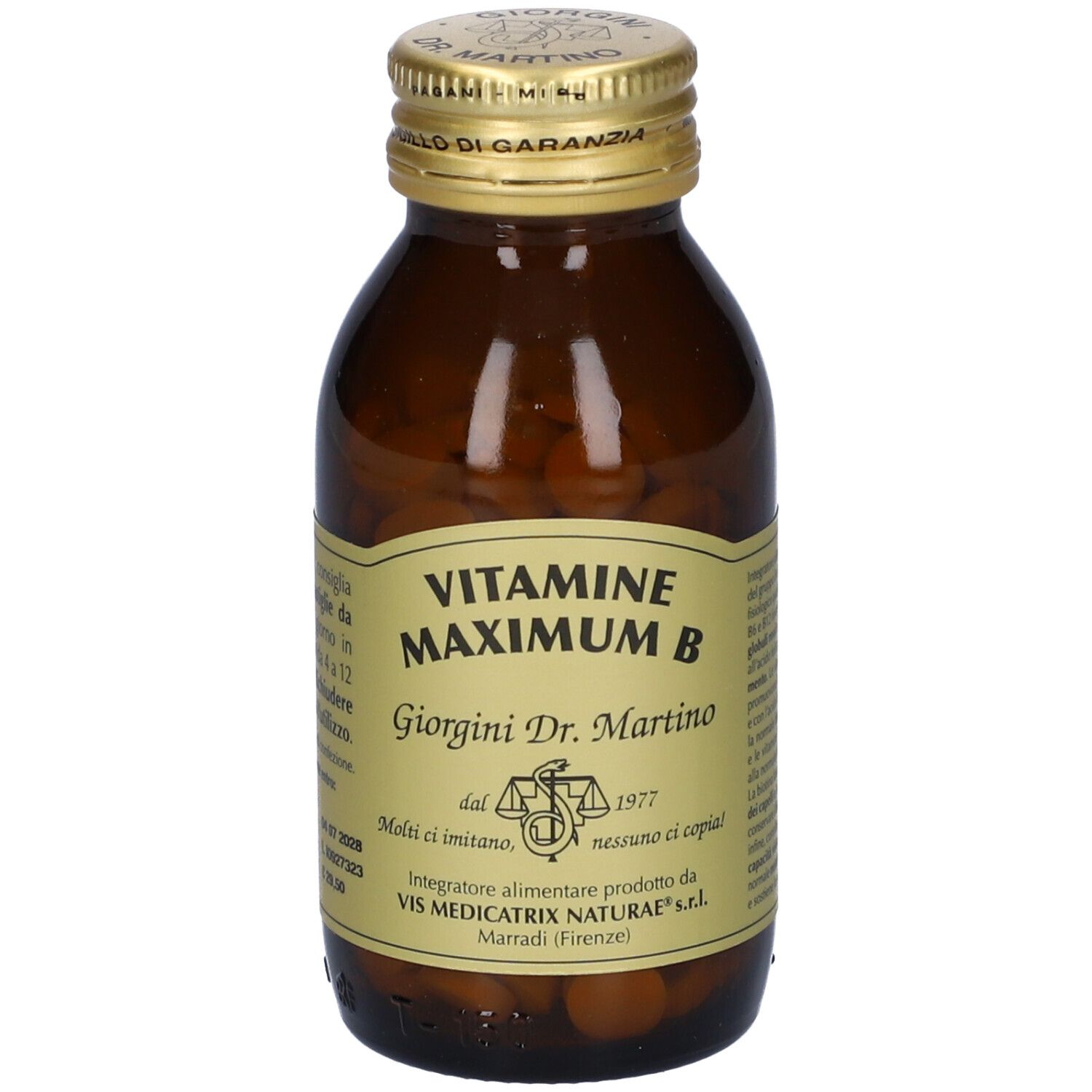 Flacone in vetro marrone con compresse. Scritta: Vitamine Maximum B, Giorgini Dr. Martino. Tappo dorato.