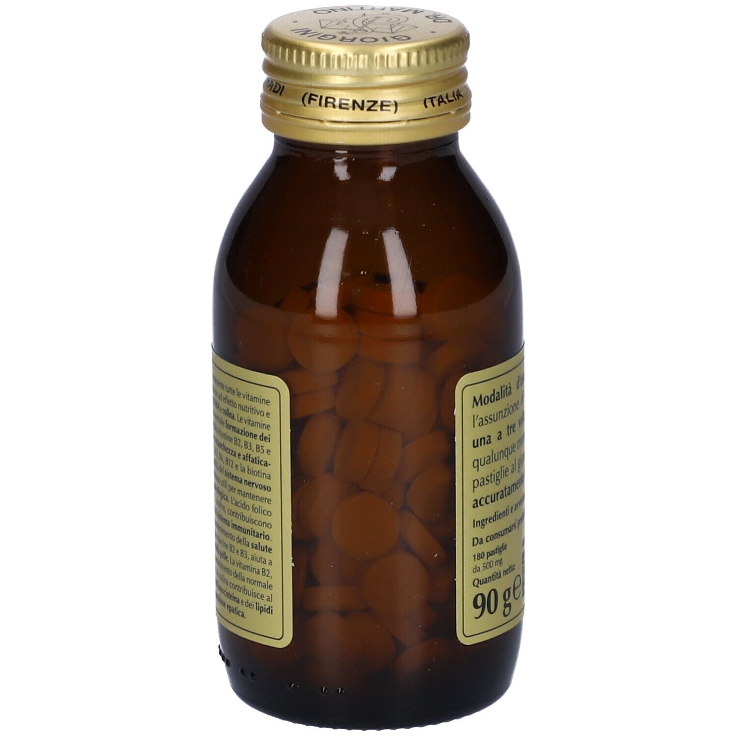 Flacone in vetro marrone con compresse. Scritta: Vitamine Maximum B, Giorgini Dr. Martino. Tappo dorato. Testo sul retro.