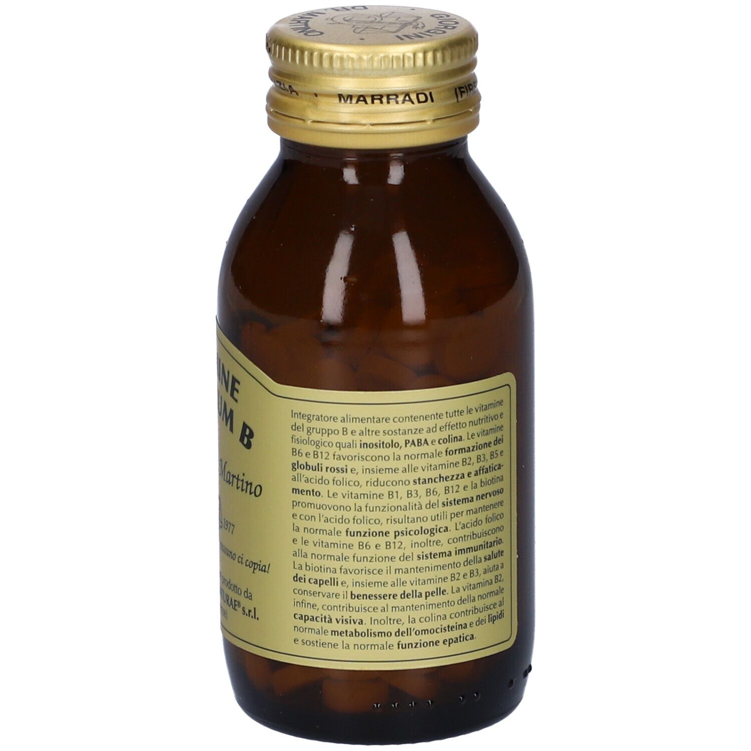 Flacone in vetro marrone con compresse. Scritta: Vitamine Maximum B, Giorgini Dr. Martino. Tappo dorato. Testo sul retro.