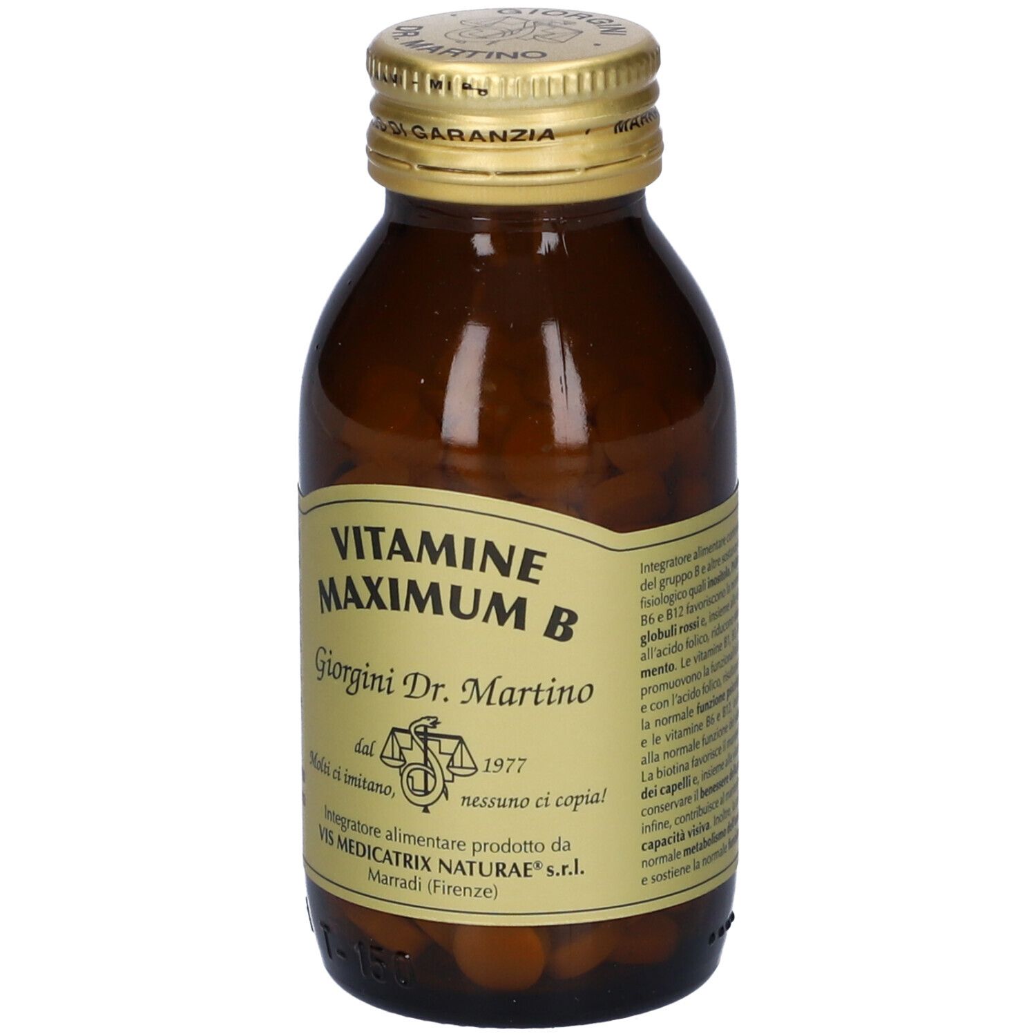 Flacone in vetro marrone con compresse. Scritta: Vitamine Maximum B, Giorgini Dr. Martino. Tappo dorato. Testo sul retro.