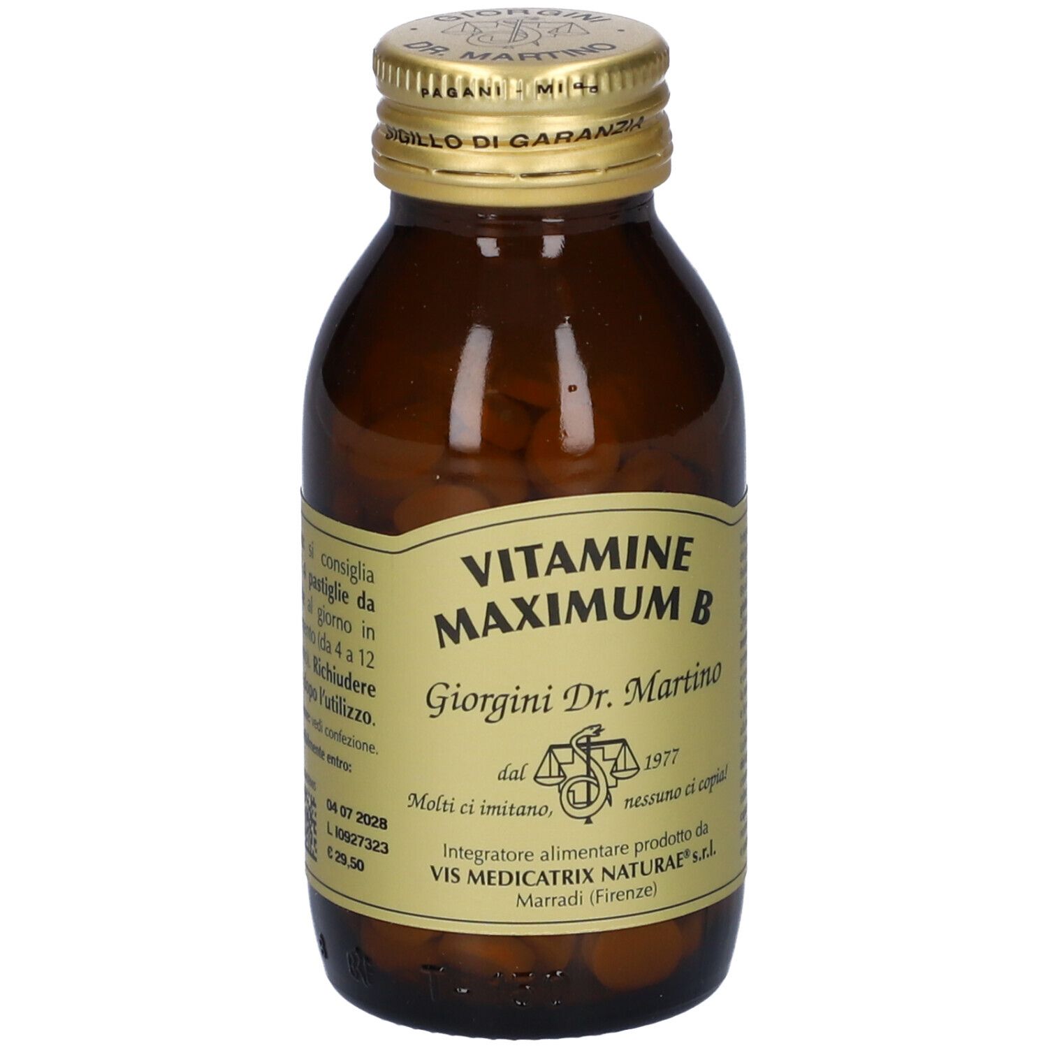 Flacone in vetro marrone con compresse. Scritta: Vitamine Maximum B, Giorgini Dr. Martino. Tappo dorato. Testo sul retro.