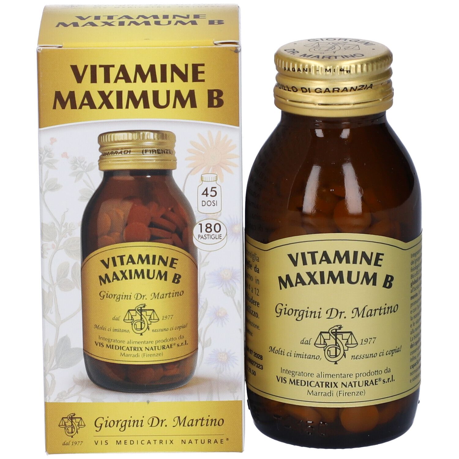 Vitamine Maximum B in scatola e flacone. Flacone in vetro marrone con compresse. Scritta: Vitamine Maximum B, 180 Pastiglie.