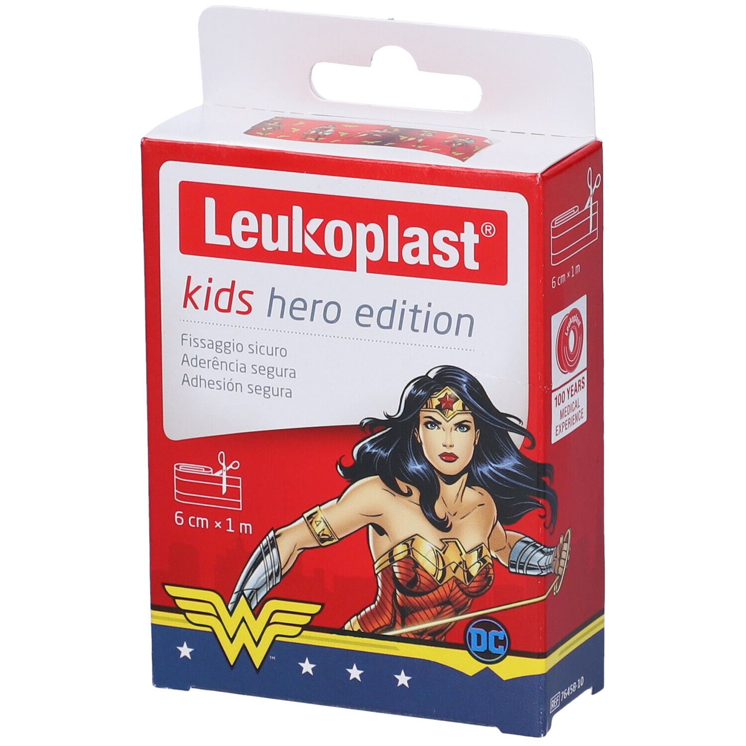 Confezione Leukoplast Kids Hero Edition con Wonder Woman. Scatola aperta, rossa, nome prodotto, 6cm x 1m.