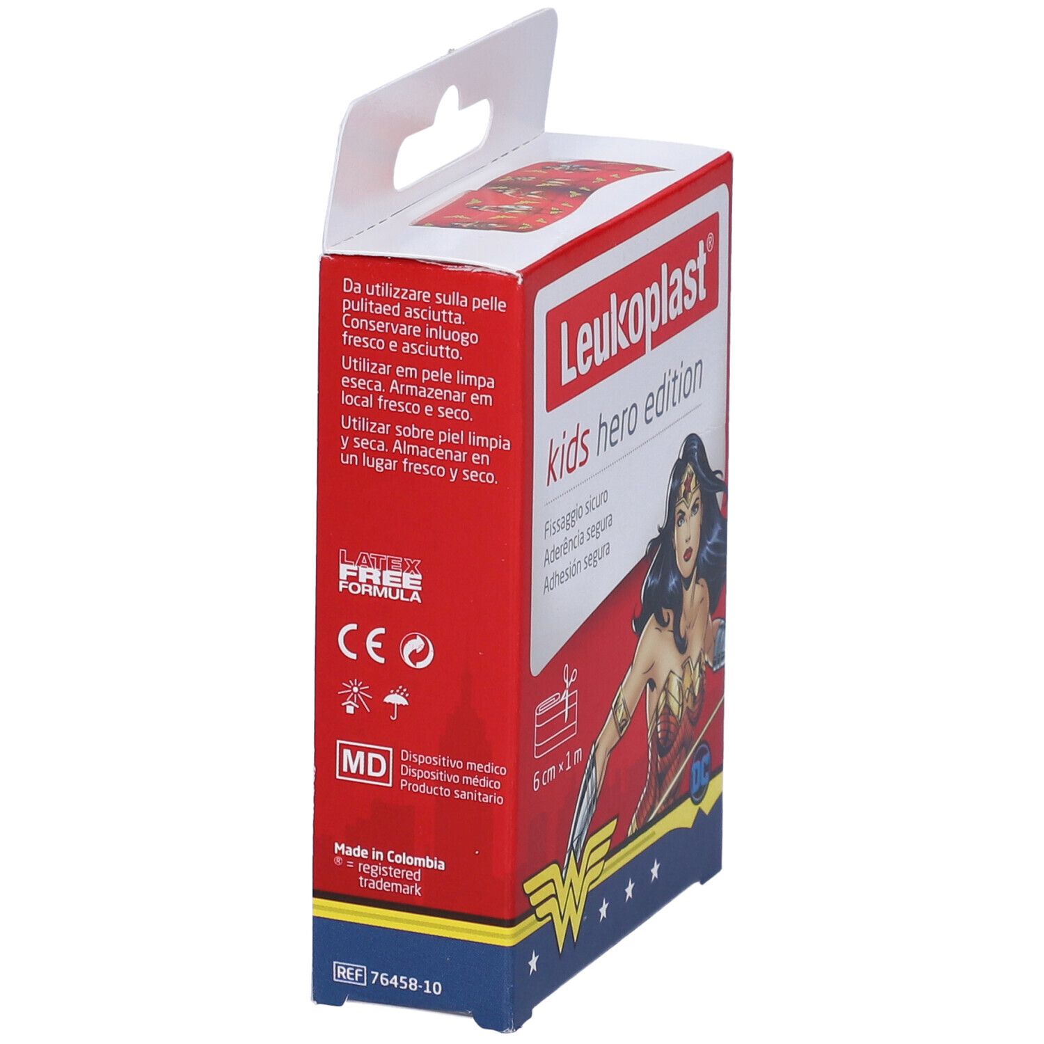 Confezione Leukoplast Kids Hero Edition. Rossa, nome prodotto, Wonder Woman, 6cm x 1m, esperienza medica.