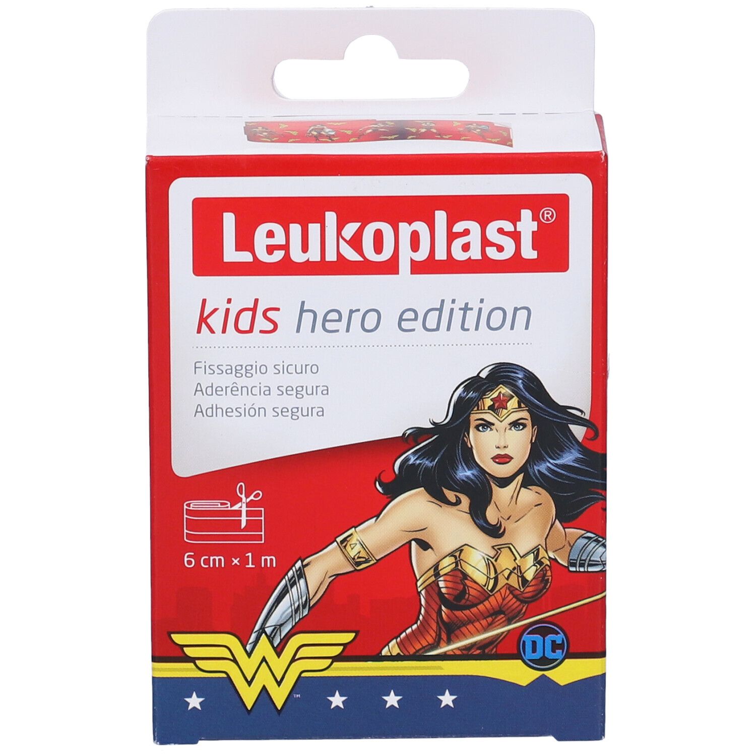 Confezione Leukoplast Kids Hero Edition con Wonder Woman. Rossa, nome prodotto, immagine Wonder Woman, 6cm x 1m.