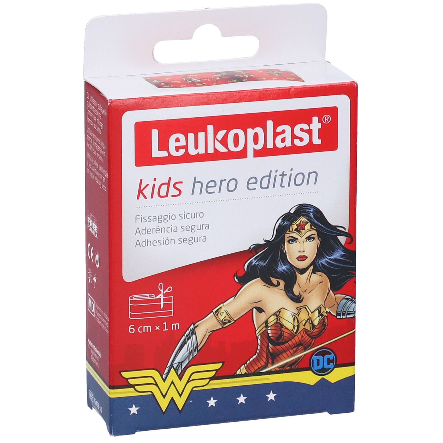 Confezione Leukoplast Kids Hero Edition con Wonder Woman. Rossa, nome prodotto, immagine Wonder Woman, 6cm x 1m.