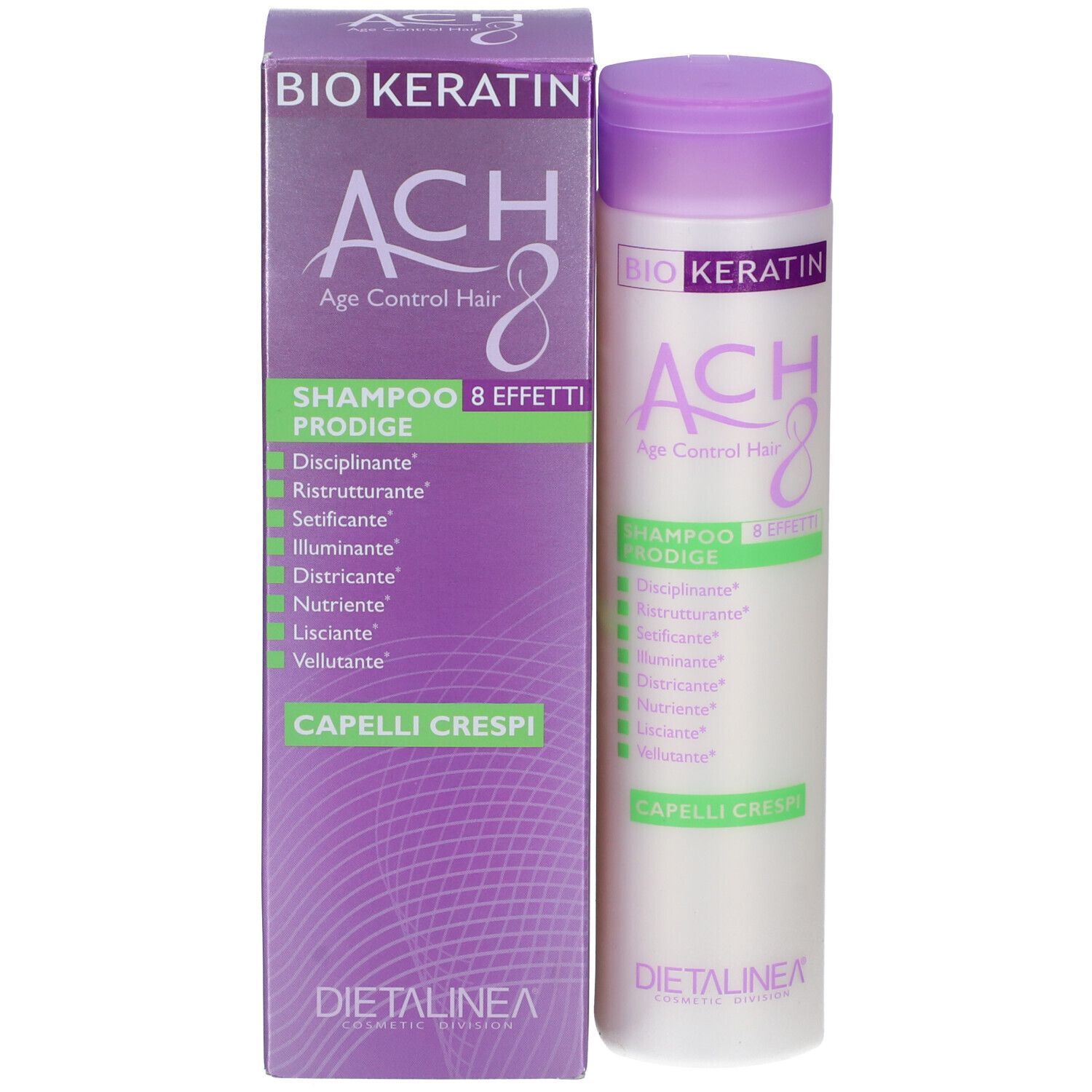 ACH8 Bio Keratin Shampoo Prodigé Flasche und Karton. "Age Control Hair" und "8 Effetti" sind aufgedruckt.