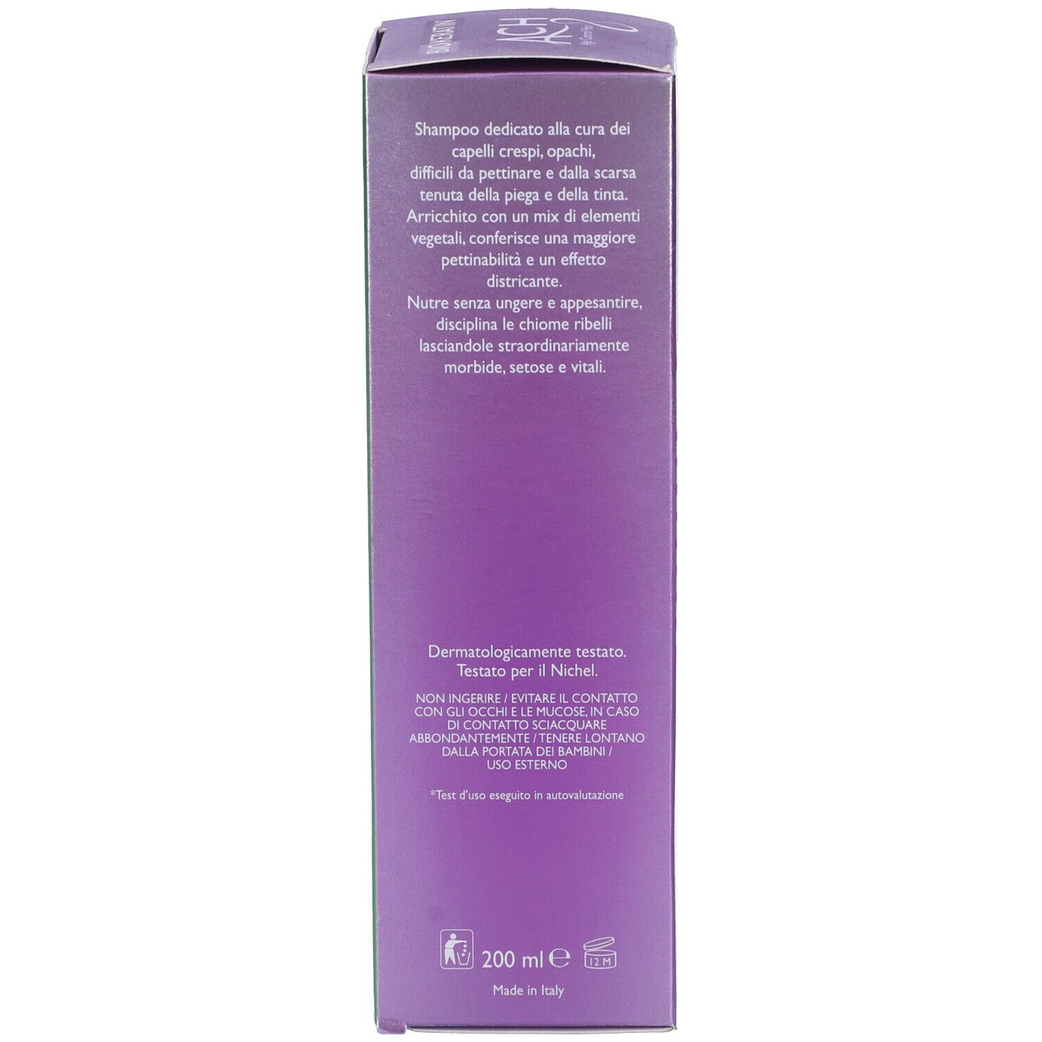 Lila Verpackung mit Shampoo-Informationen und 200 ml Angabe.