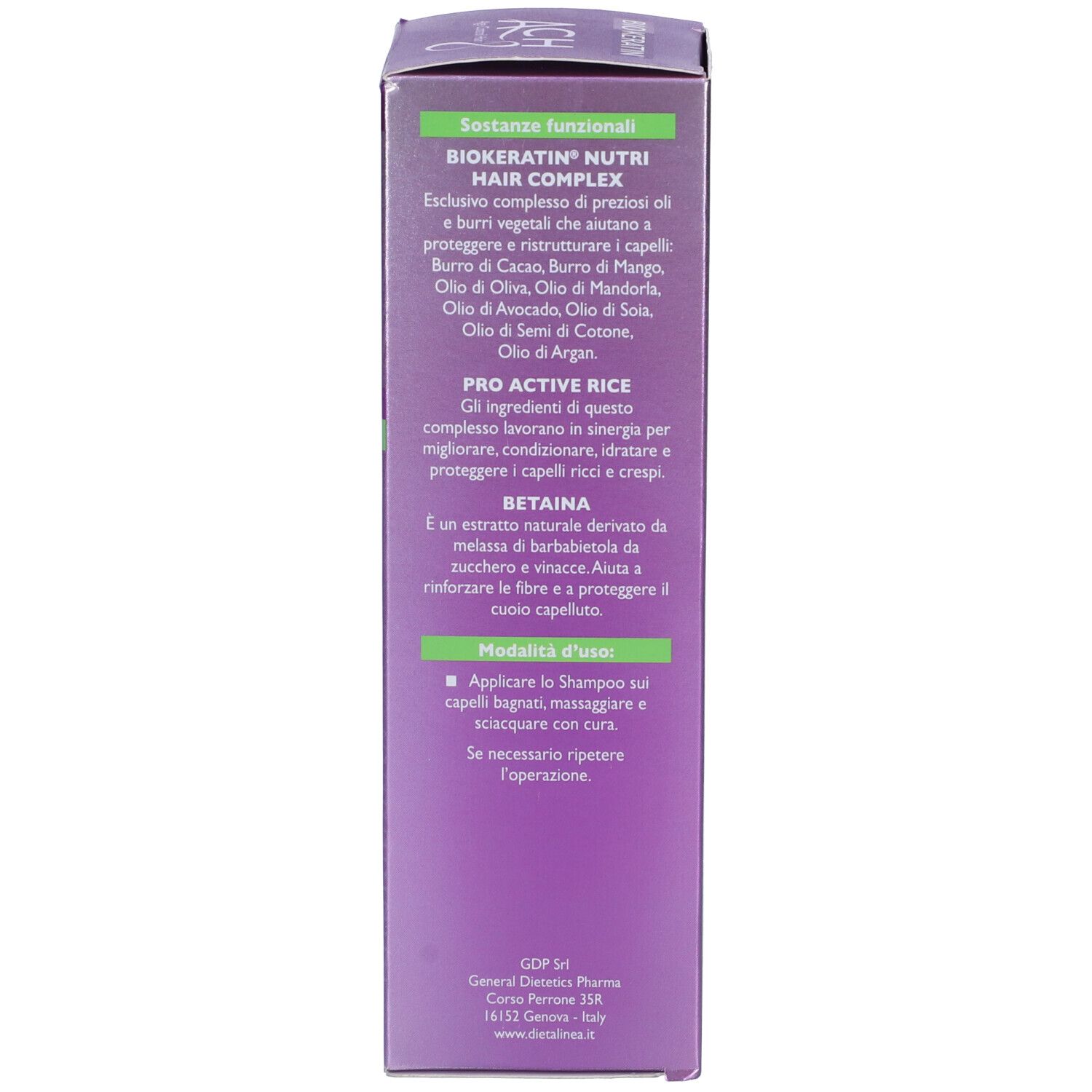 Verpackung mit Text über BIOCERATIN NUTRI HAIR COMPLEX, PRO ACTIVE RICE und BETAINE.