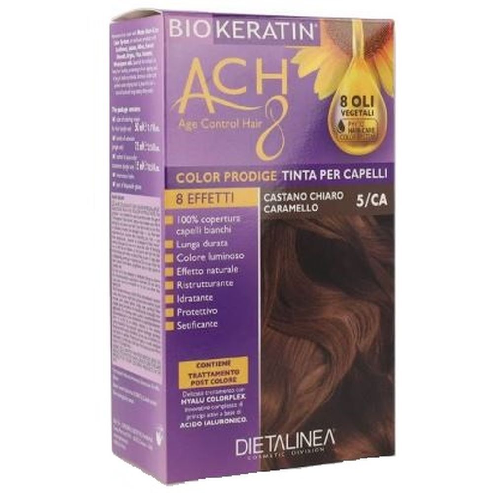 Confezione di tinta per capelli BIO KERATIN ACH 8, Color Prodige, 5/CA. Contiene 8 oli vegetali. Colore: castano chiaro caramello. 8 effetti.
