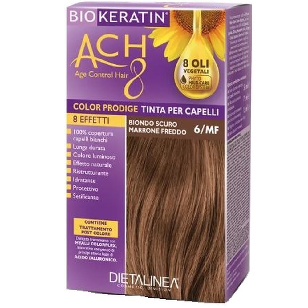 Confezione di tinta per capelli Biokeratin Ach8 Color 6/Mf. Colore biondo scuro/marrone freddo. Contiene 8 oli vegetali. Con Hyalu Colorplex e acido ialuronico.