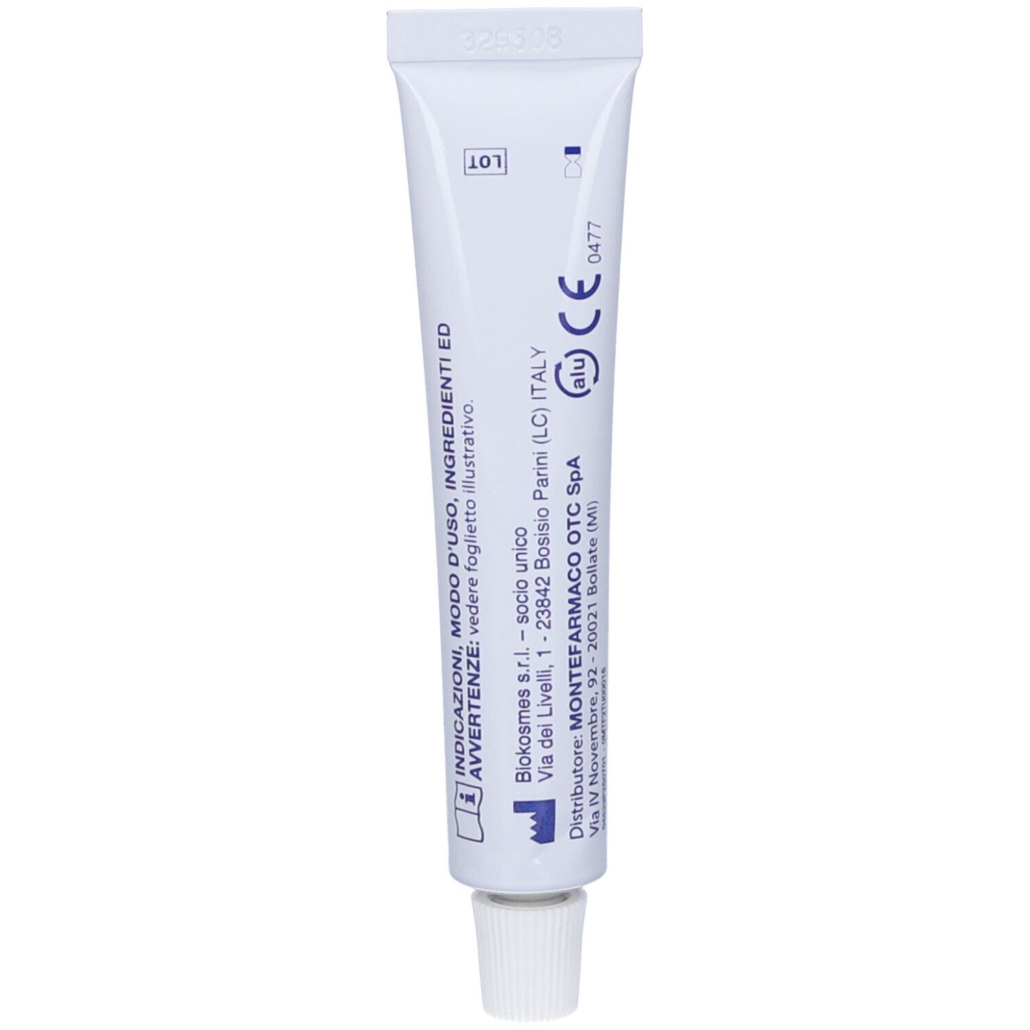 Rückseite der Dentinale Natural Tube. Weiße Tube mit Text und CE-Kennzeichnung.