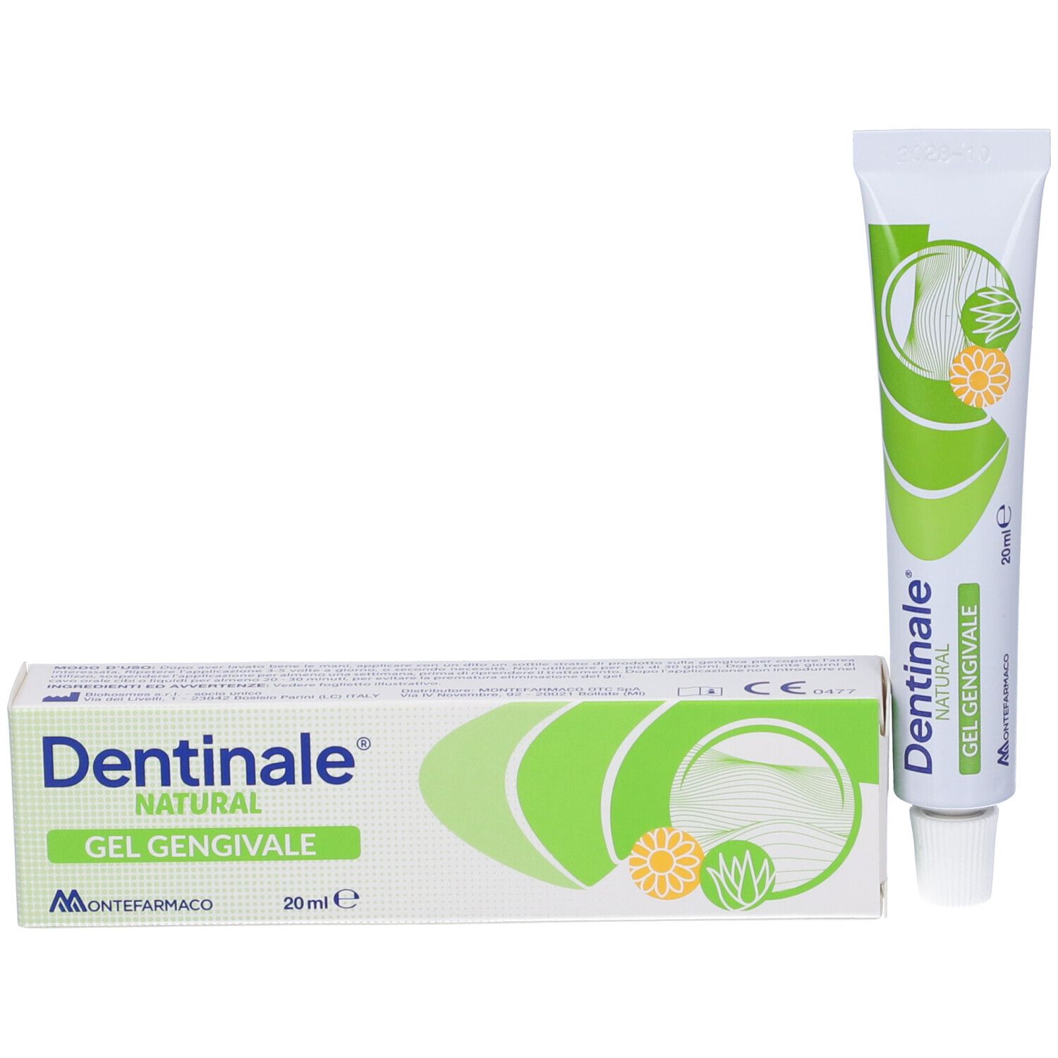 Dentinale Natural Gel Gengivale, Tube und Schachtel. Schachtel und Tube mit Produktnamen und Design.
