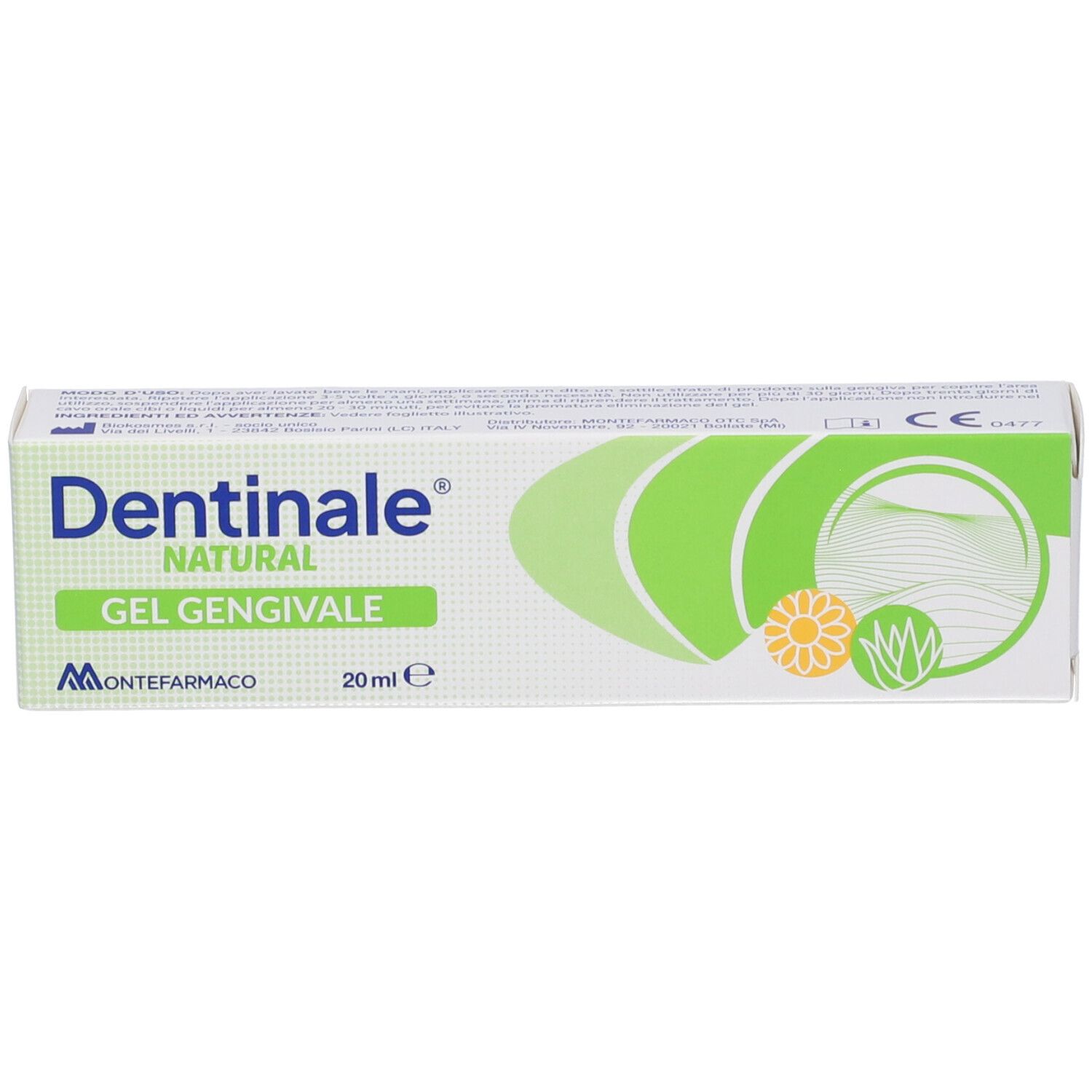 Dentinale Natural Gel Gengivale Schachtel. Weiße Schachtel mit Produktnamen, grünen Elementen und 20ml.