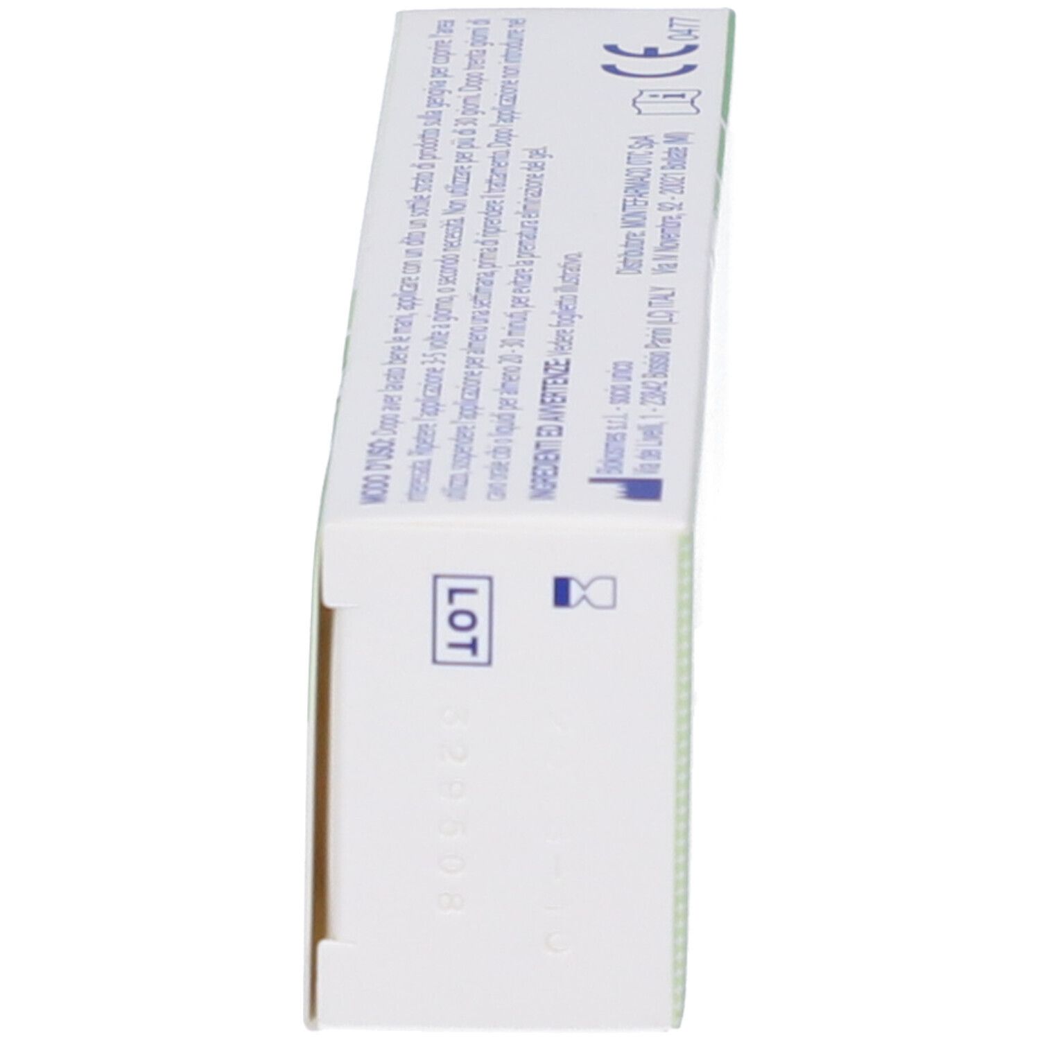 Seite der Dentinale Natural Schachtel. Weiße Schachtel mit Text und CE-Kennzeichnung.