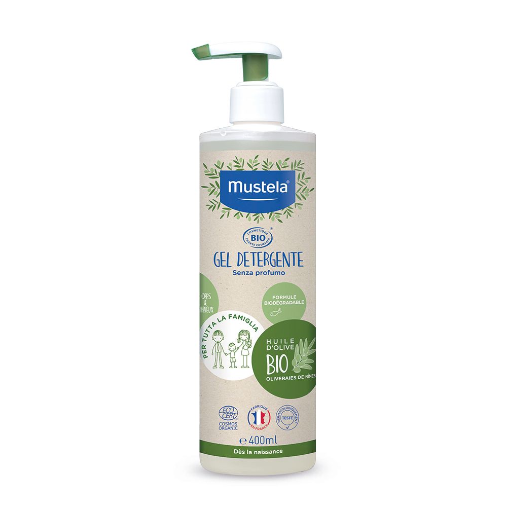 Mustela Bio-Waschgel Flasche mit Pumpspender, 400ml, mit Olivenöl.