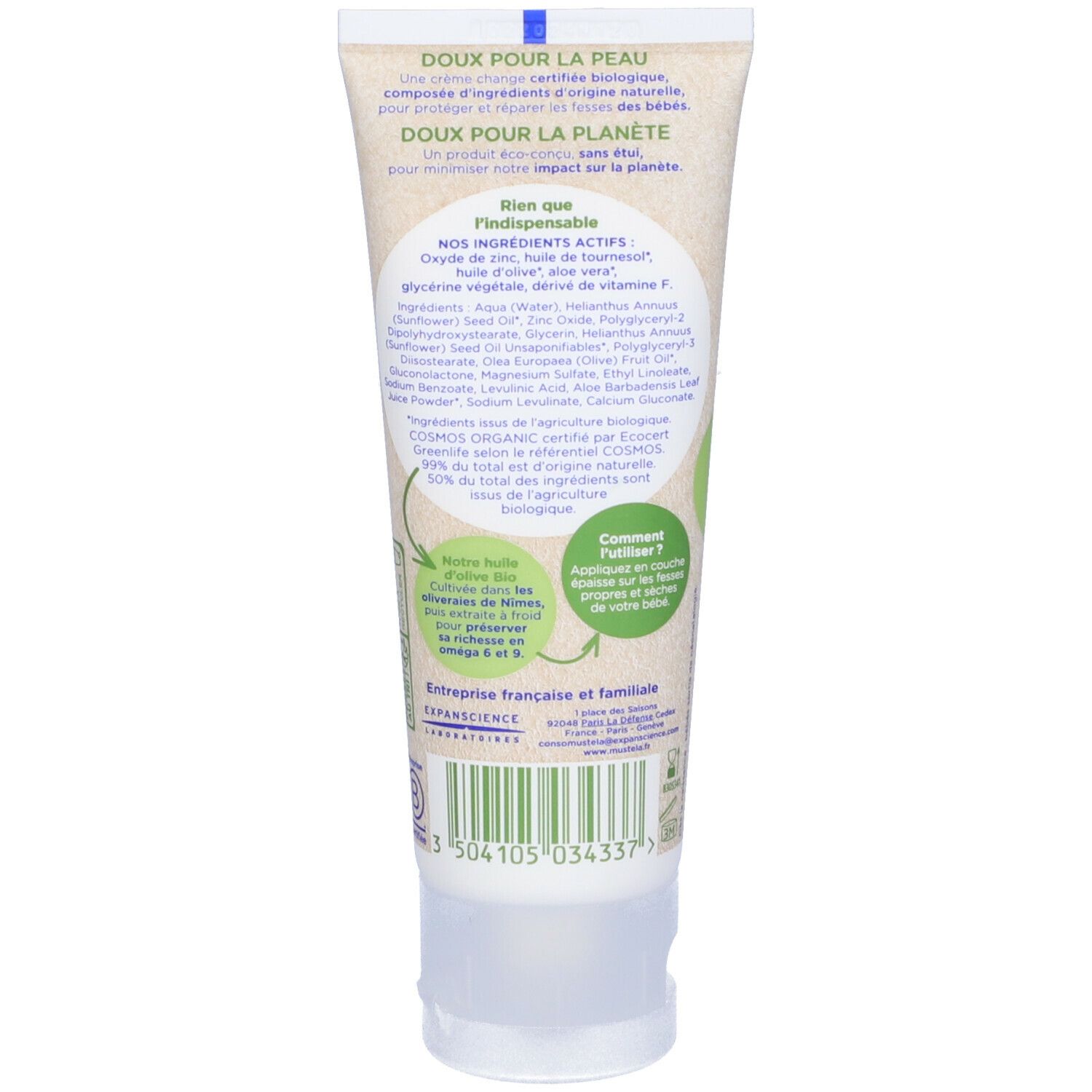 Retro tubo Mustela Pasta protettiva. Ingredienti, certificazione BIO, istruzioni. Sfondo bianco.