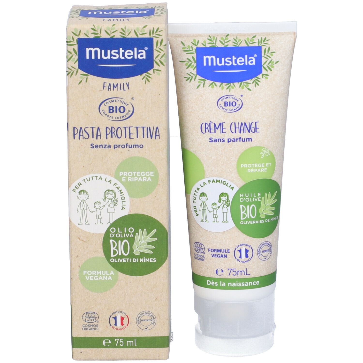 Mustela Pasta protettiva e scatola. Certificazione BIO. Senza profumo. Crème Change. 75 ml.