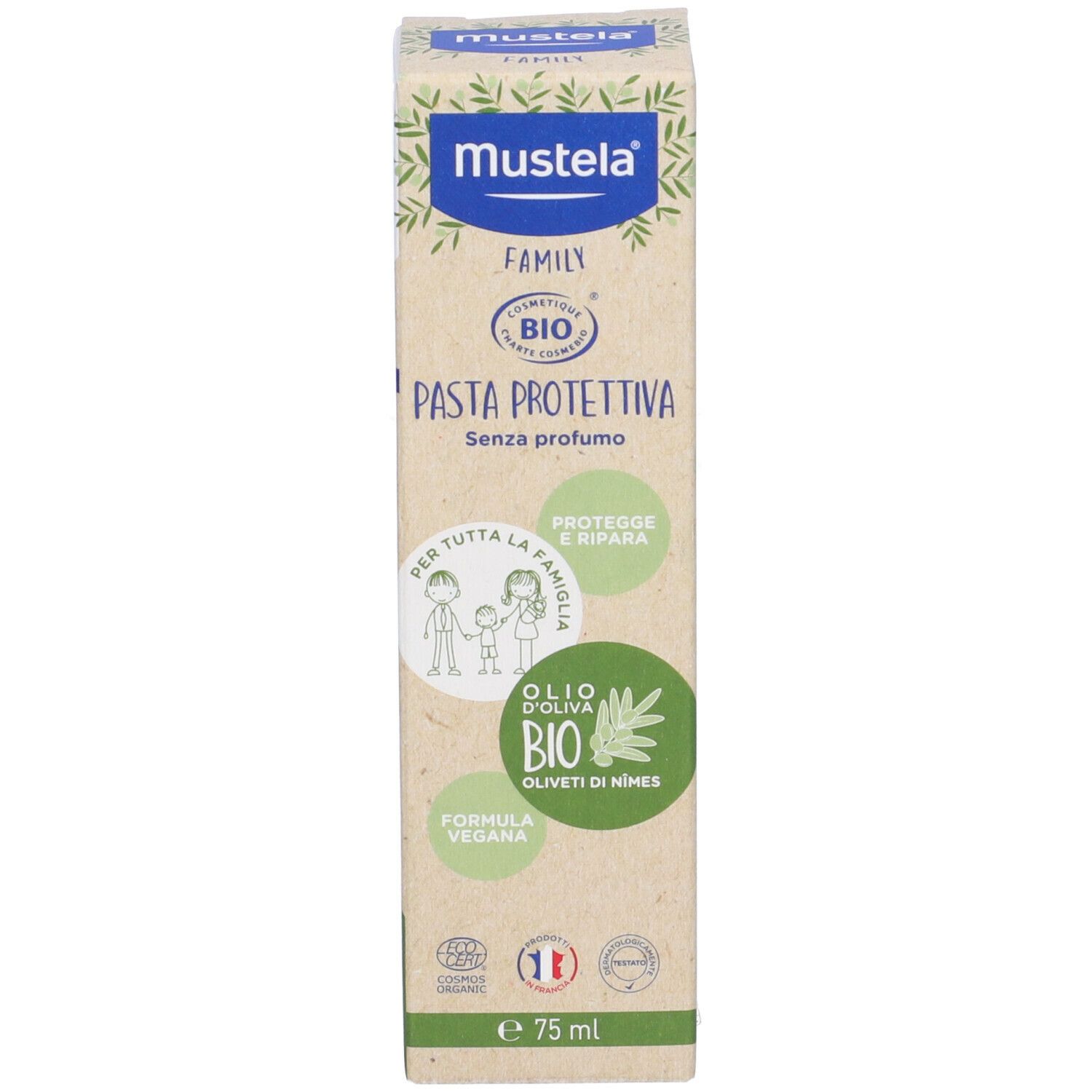 Scatola Mustela Pasta protettiva. Certificazione BIO. Senza profumo. 75 ml. Verde e bianco.