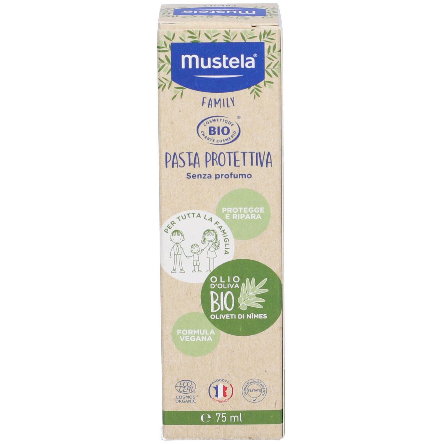 Scatola Mustela Pasta protettiva. Certificazione BIO. Senza profumo. 75 ml. Verde e bianco.