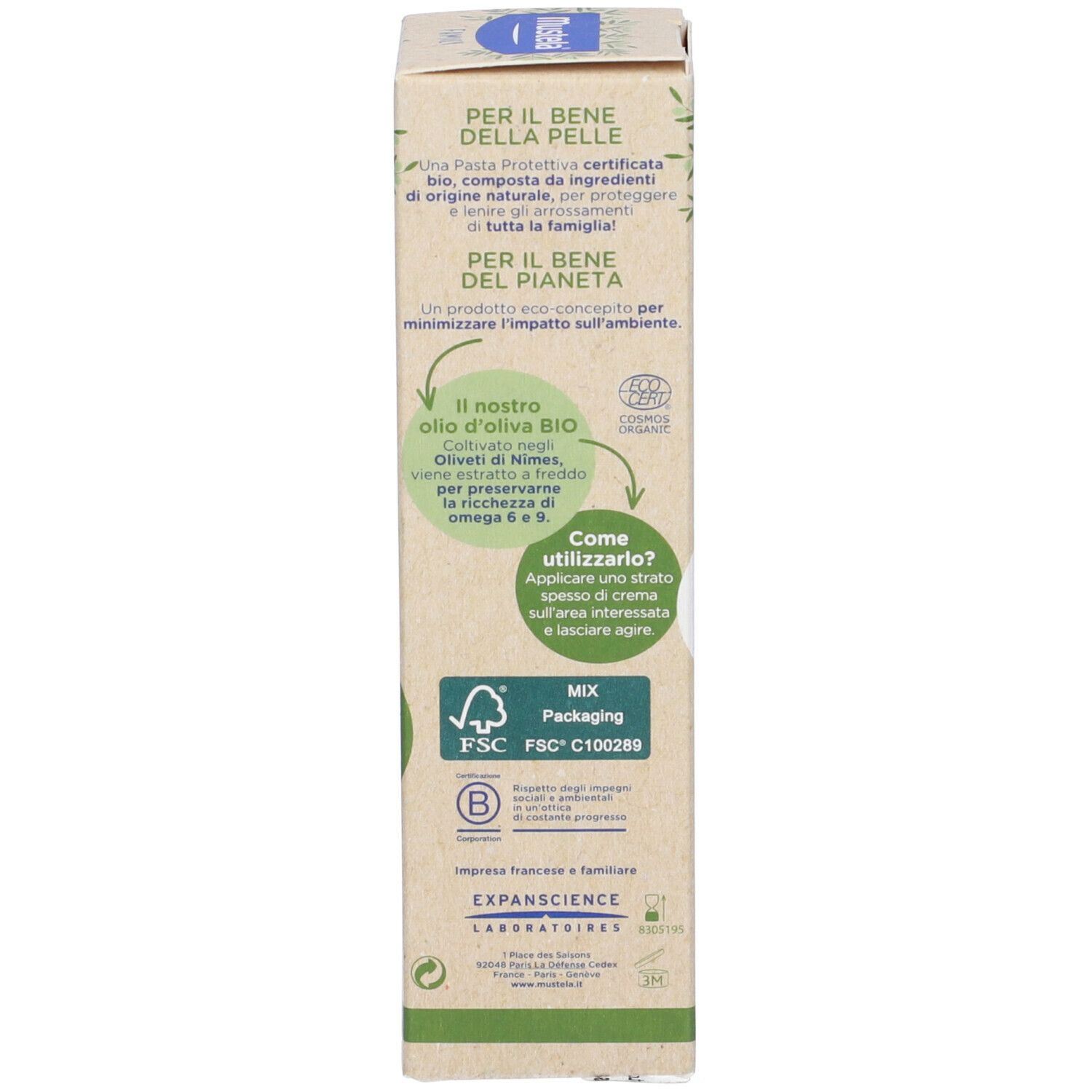 Retro scatola Mustela Pasta protettiva. Certificazione BIO, istruzioni per l'uso. Testo.