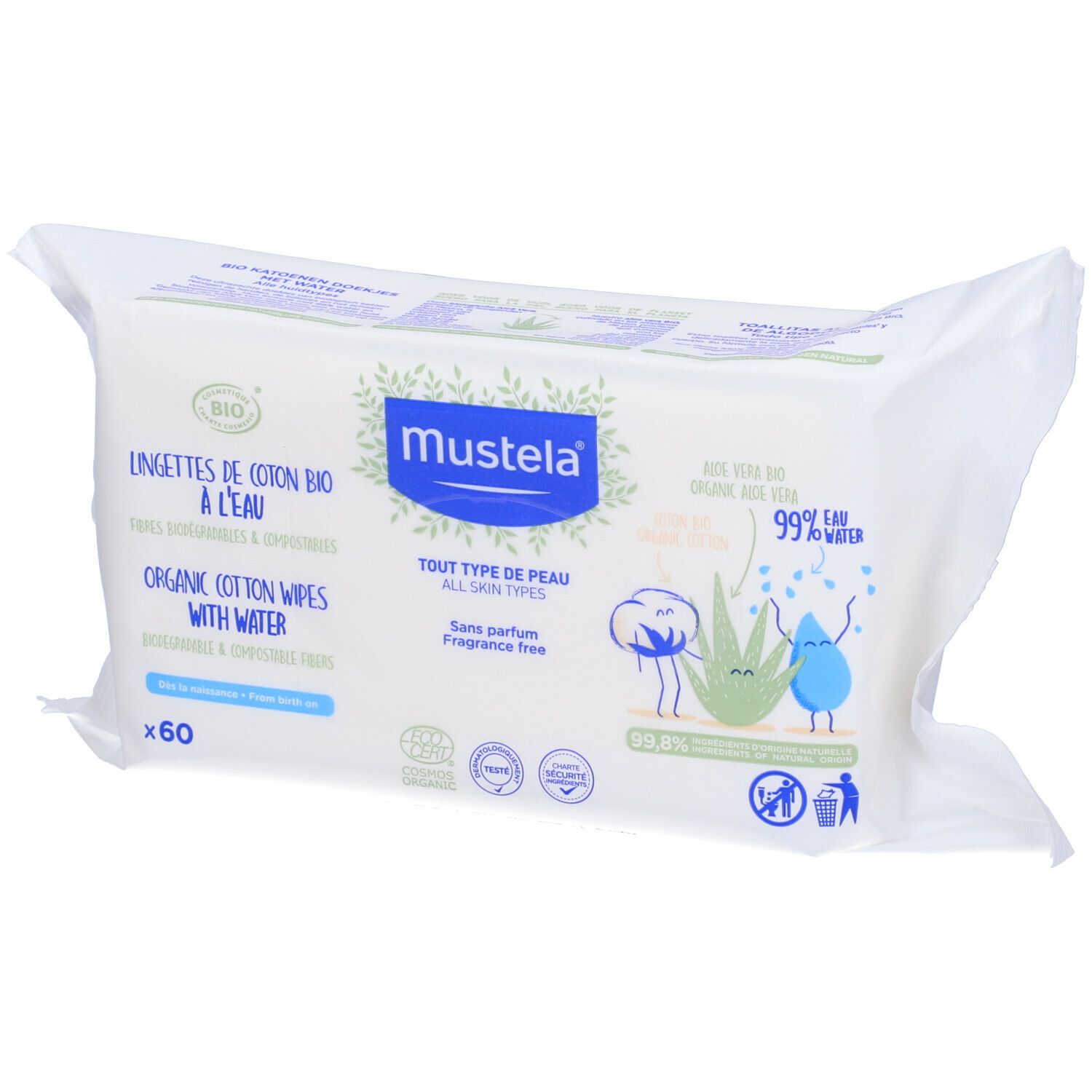 Confezione di salviette Mustela® in cotone bio. Contiene 60 salviette. Confezione con logo, testo e illustrazioni.