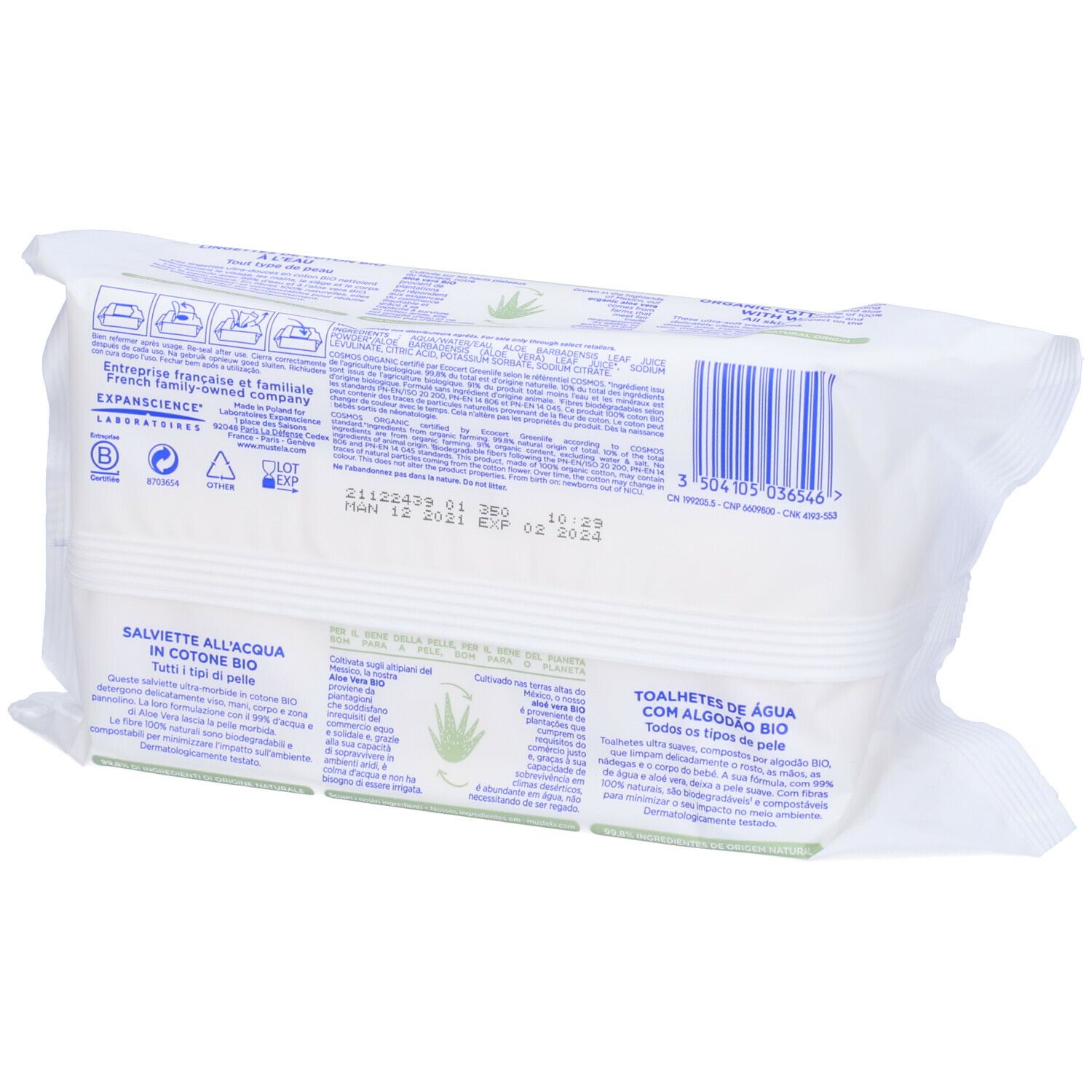 Retro della confezione di salviette Mustela®. Testo, codice a barre e loghi visibili. L'imballaggio è bianco.