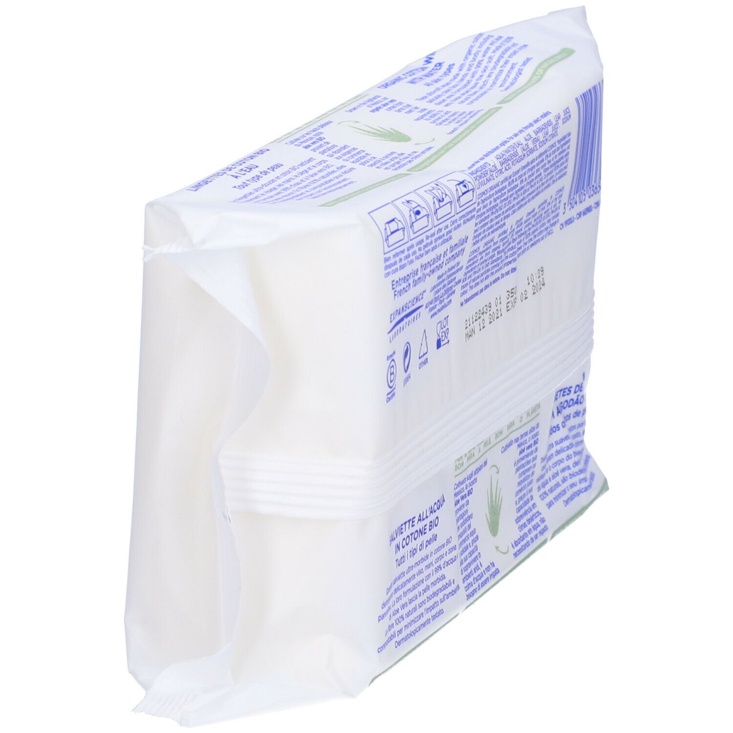 Vista obliqua del retro della confezione di salviette Mustela®. Testo e loghi visibili. L'imballaggio è bianco.