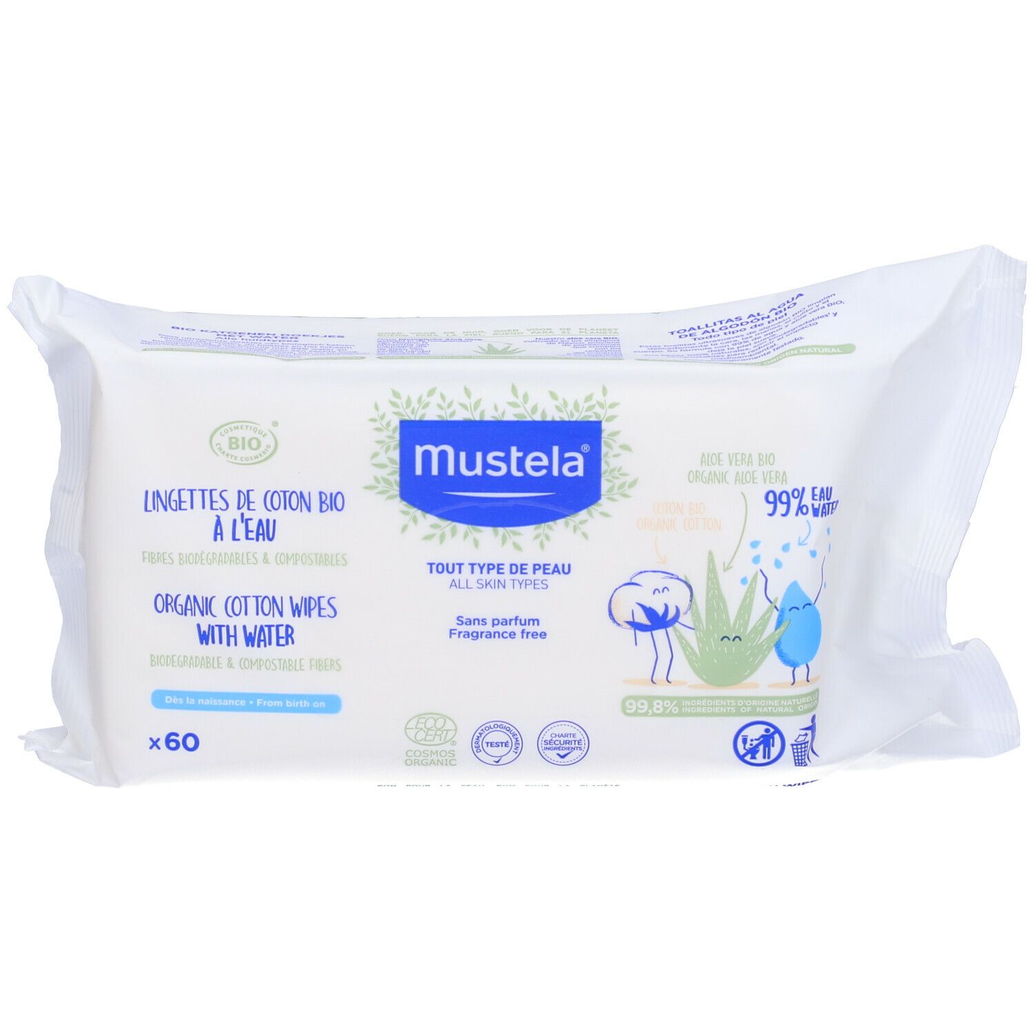 Confezione di salviette Mustela® in cotone bio. Contiene 60 salviette. Confezione con logo, testo e illustrazioni.