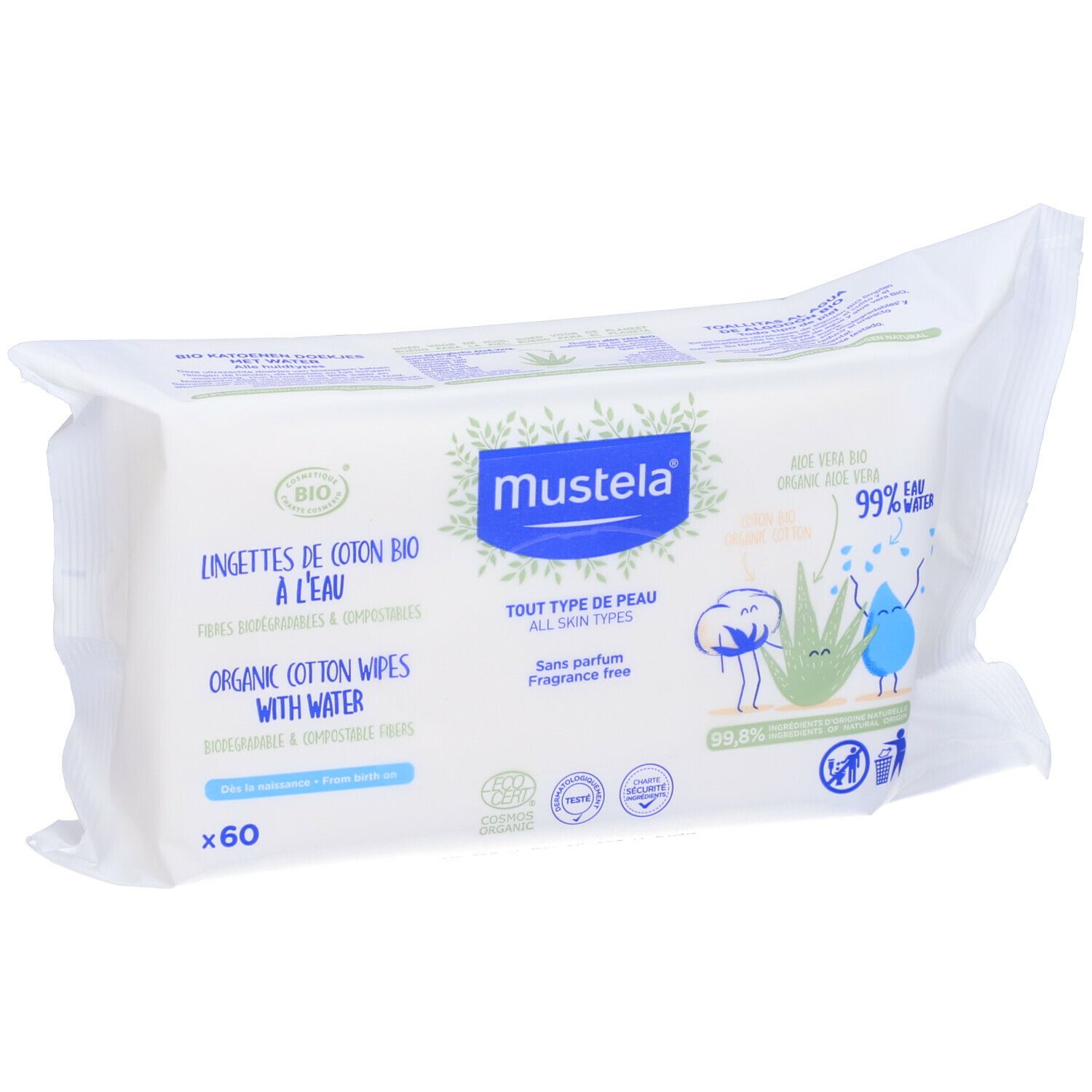 Confezione di salviette Mustela® in cotone bio. Contiene 60 salviette. Confezione con logo, testo e illustrazioni.