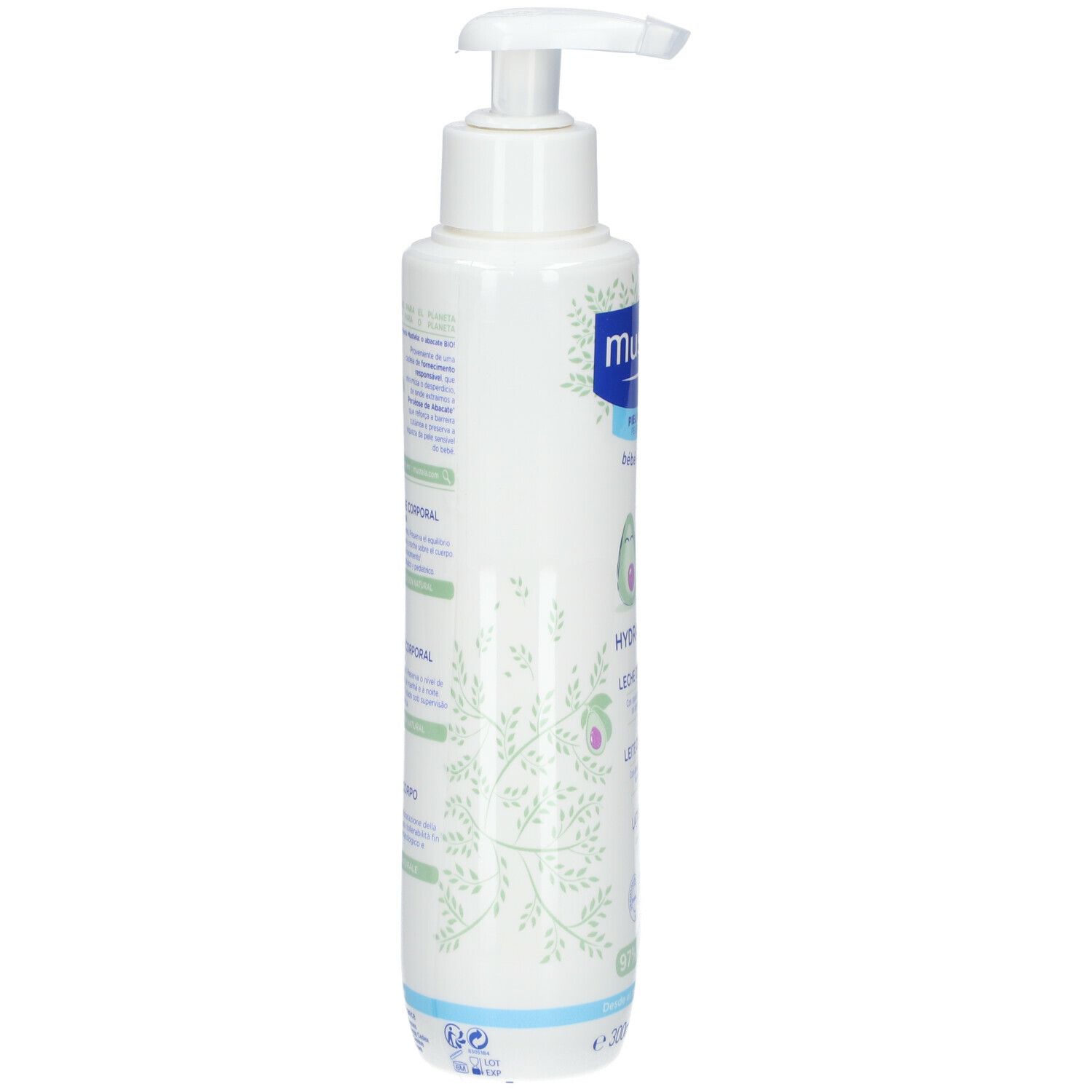 Flacon blanc avec pompe, vue latérale. Inscription Mustela, Hydra Bébé, Leche Corporal.