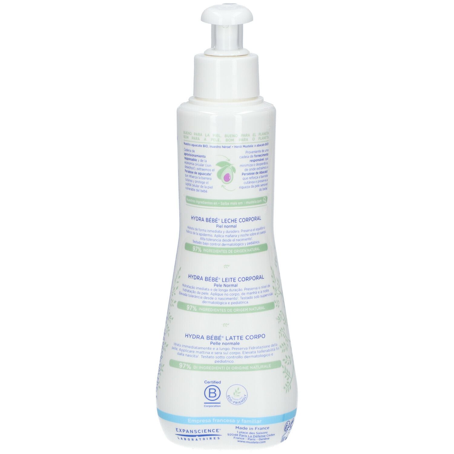 Flacon blanc avec pompe, vue arrière. Inscription Mustela, Hydra Bébé, Leche Corporal.