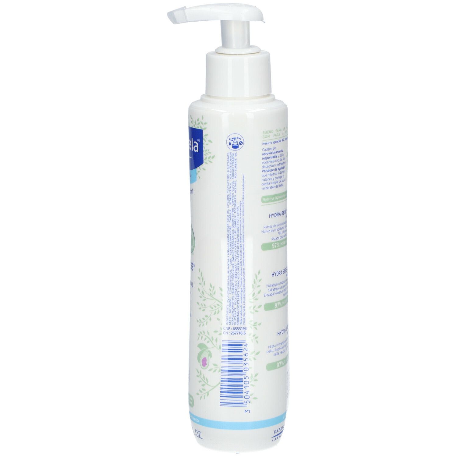 Flacon blanc avec pompe, vue latérale. Inscription Mustela, Hydra Bébé, Leche Corporal.