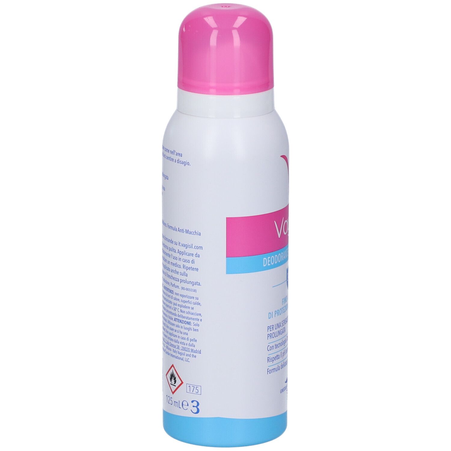 Rückseite des weißen Sprays mit rosa Kappe. Text auf Italienisch. Aufschrift: Vagisil. 125 ml.