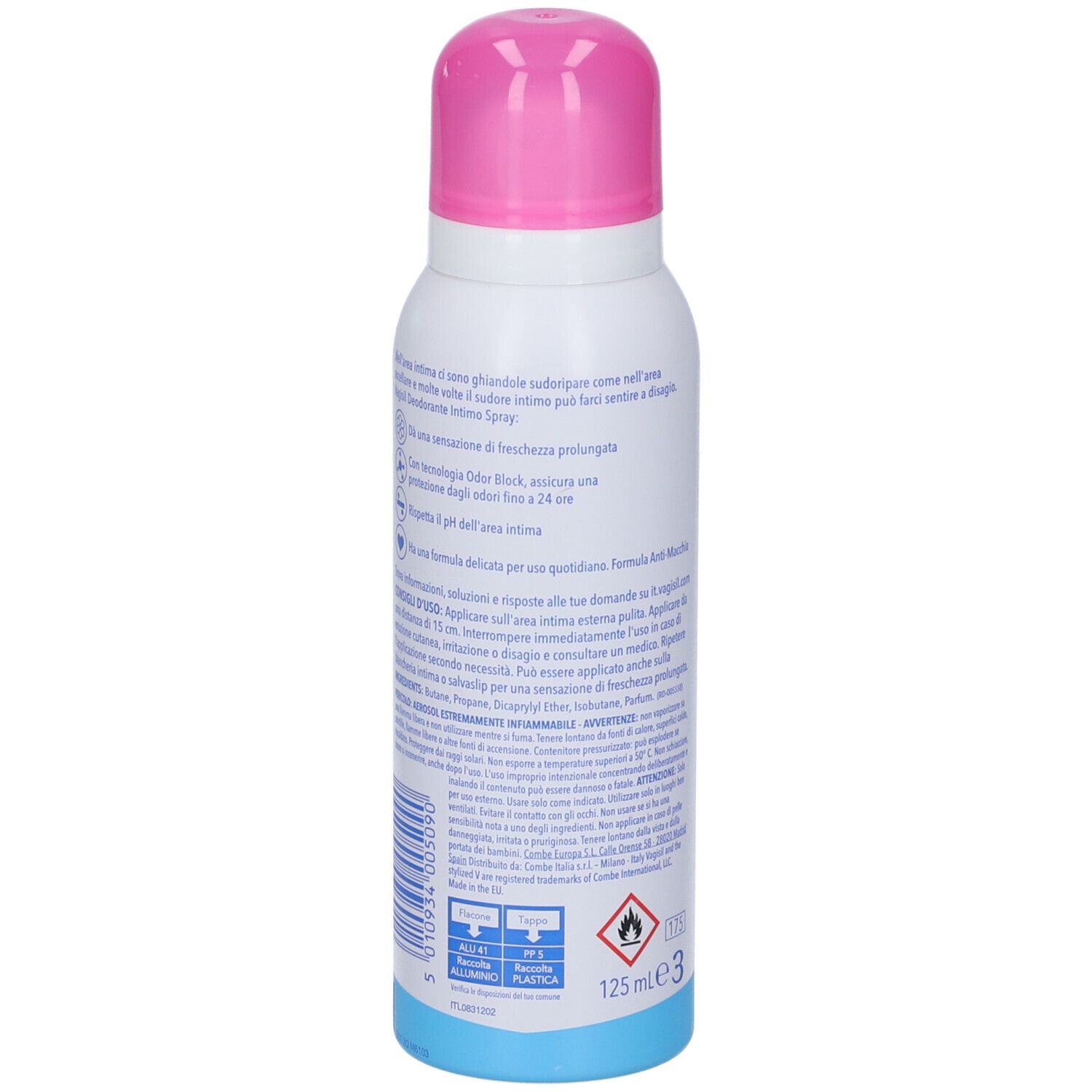 Rückseite des weißen Sprays mit rosa Kappe. Text auf Italienisch. Aufschrift: Vagisil. 125 ml.