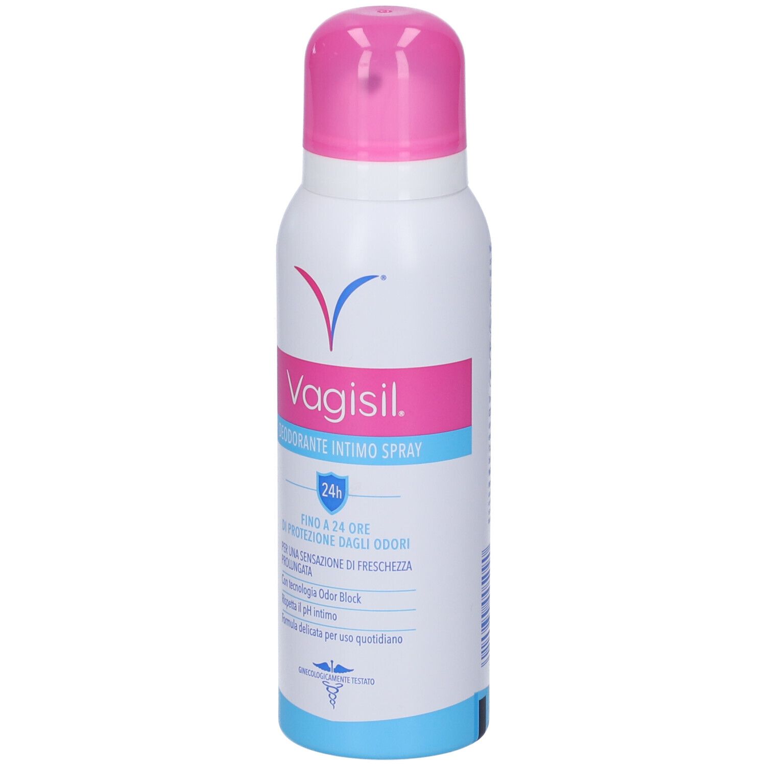 Weißes Spray mit rosa Kappe. Aufschrift: Vagisil Deodorante Intimo Spray. 24h Schutz. Rosa und blaue Streifen.