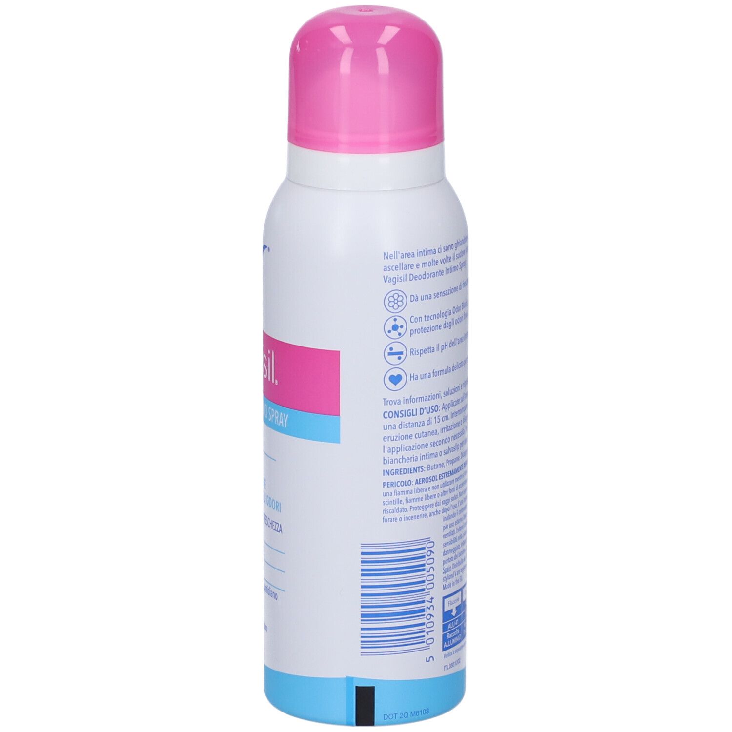 Rückseite des weißen Sprays mit rosa Kappe. Text auf Italienisch. Aufschrift: Vagisil. 125 ml.