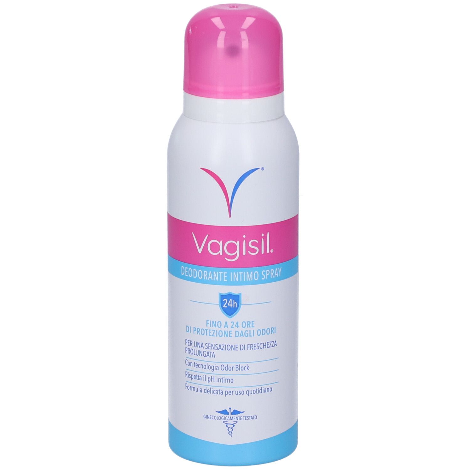 Weißes Spray mit rosa Kappe. Aufschrift: Vagisil Deodorante Intimo Spray. 24h Schutz. Rosa und blaue Streifen.