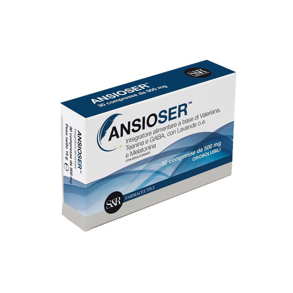 Scatola di compresse Ansioser. Confezione blu e bianca. Contiene 30 compresse. Scritta "Ansioser" in evidenza.