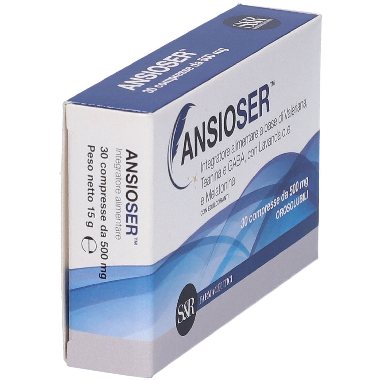 Scatola Ansioser. Confezione blu e bianca. Contiene 30 compresse. Testo "Ansioser", "Orosolubili" visibile.